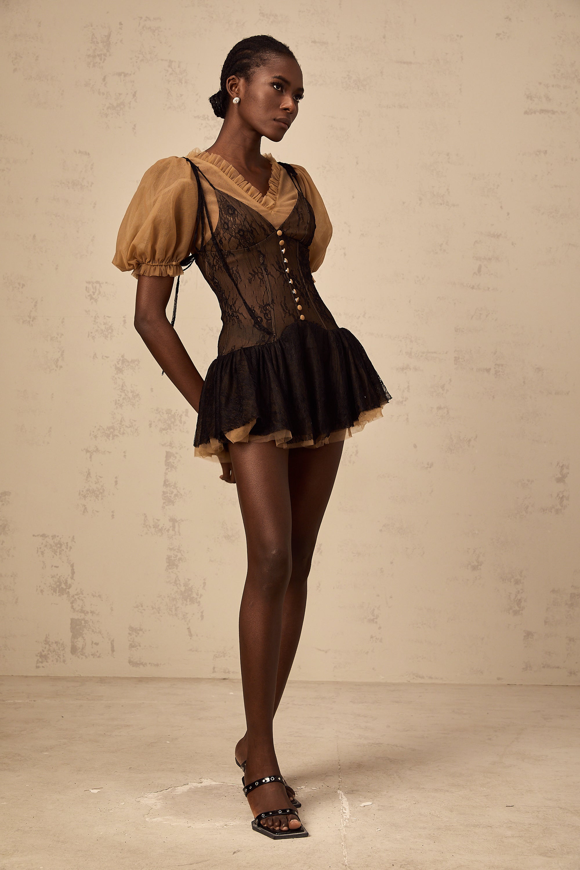 Fabienne black lace-panelling mini dress