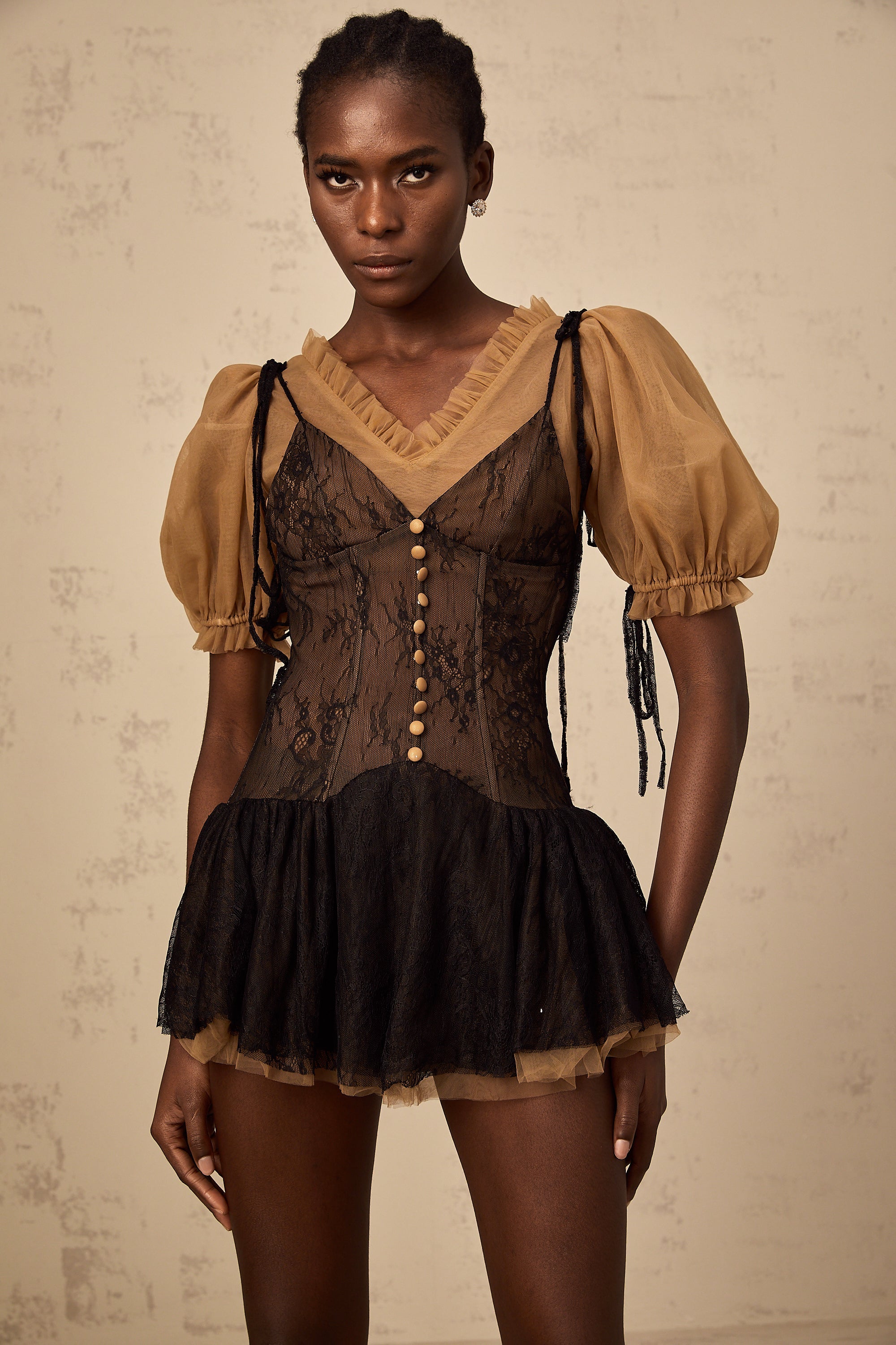 Fabienne black lace-panelling mini dress