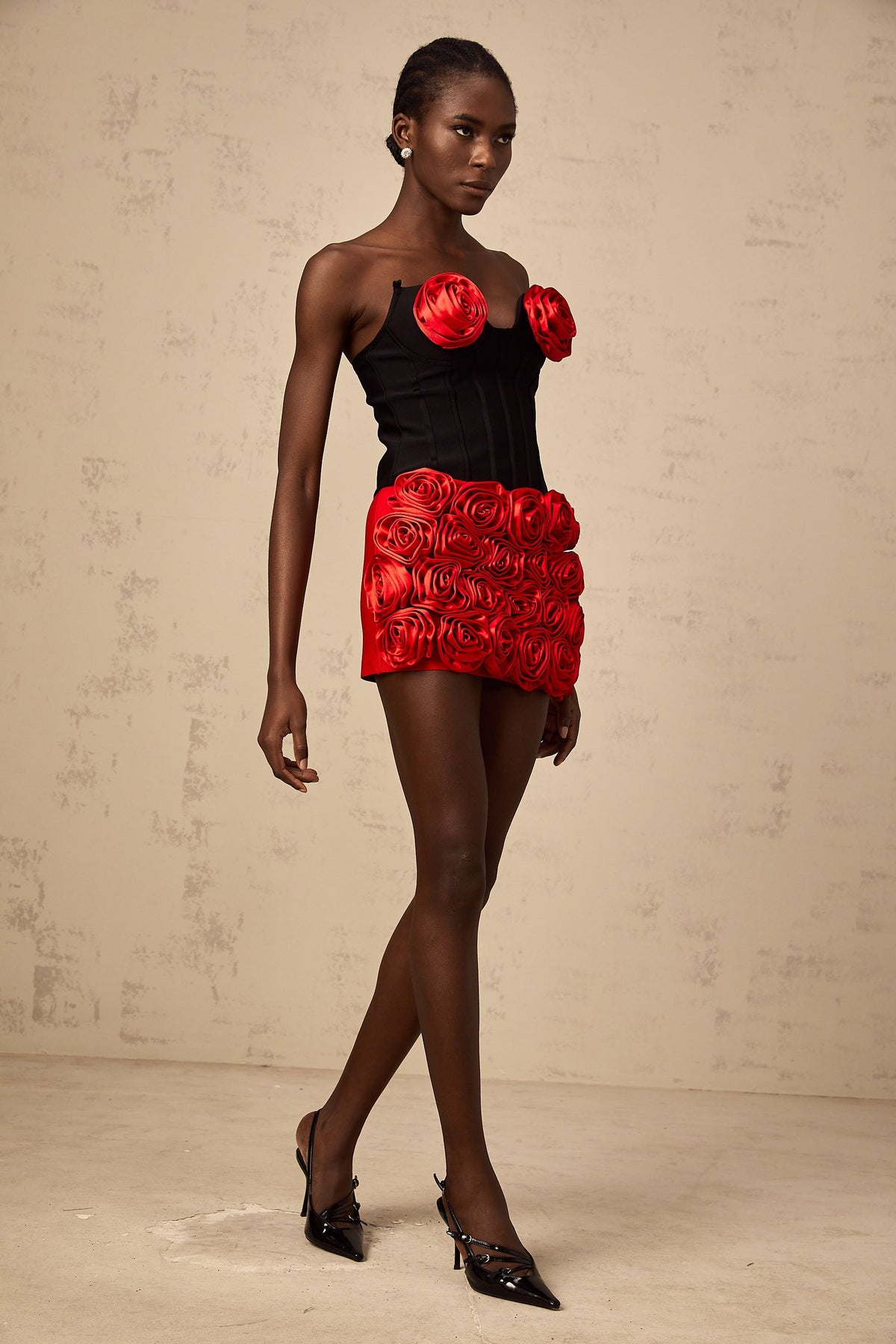 Héloïse red rose-appliqué top & skirt matching set