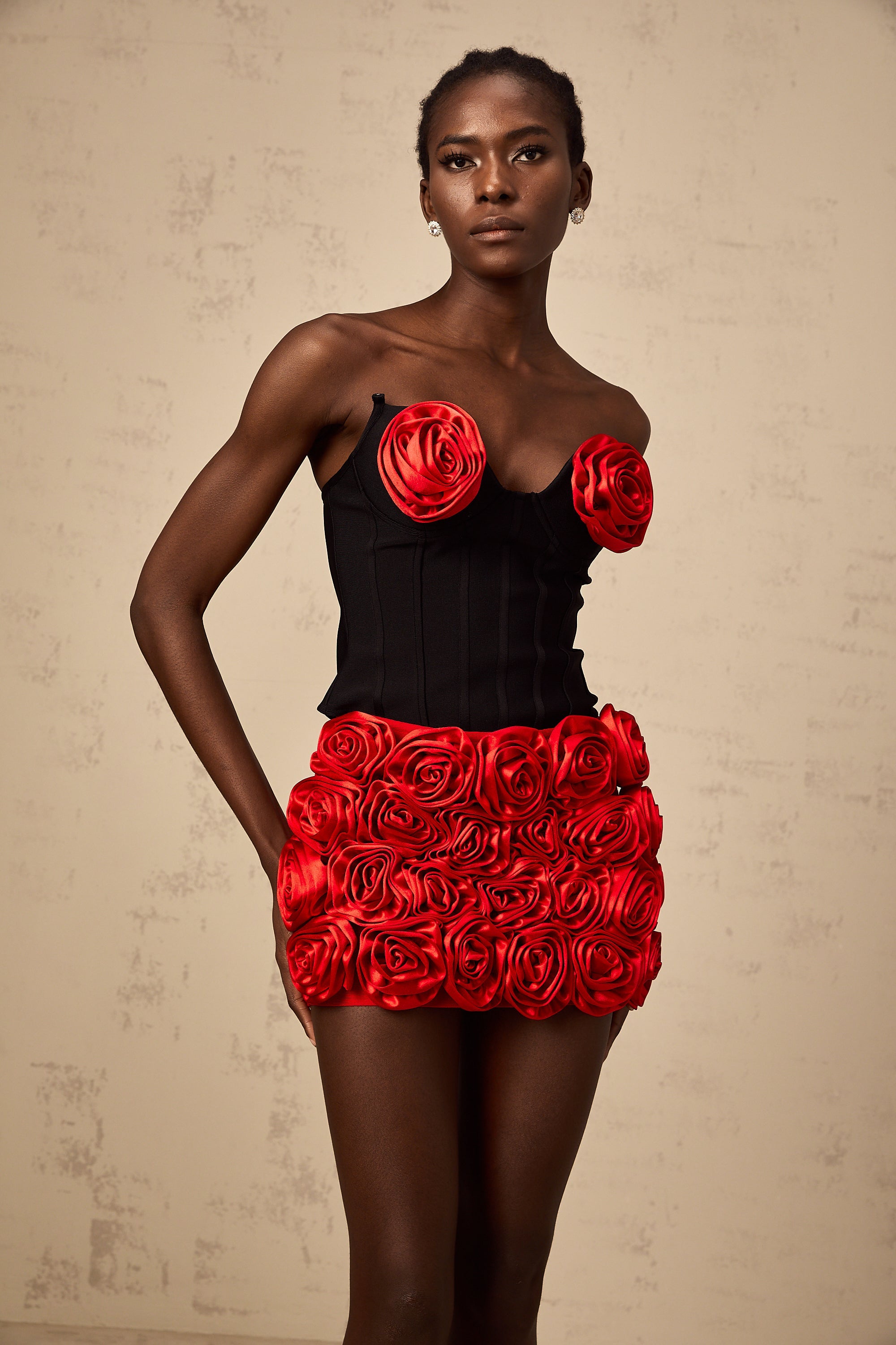 Héloïse red rose-appliqué top & skirt matching set
