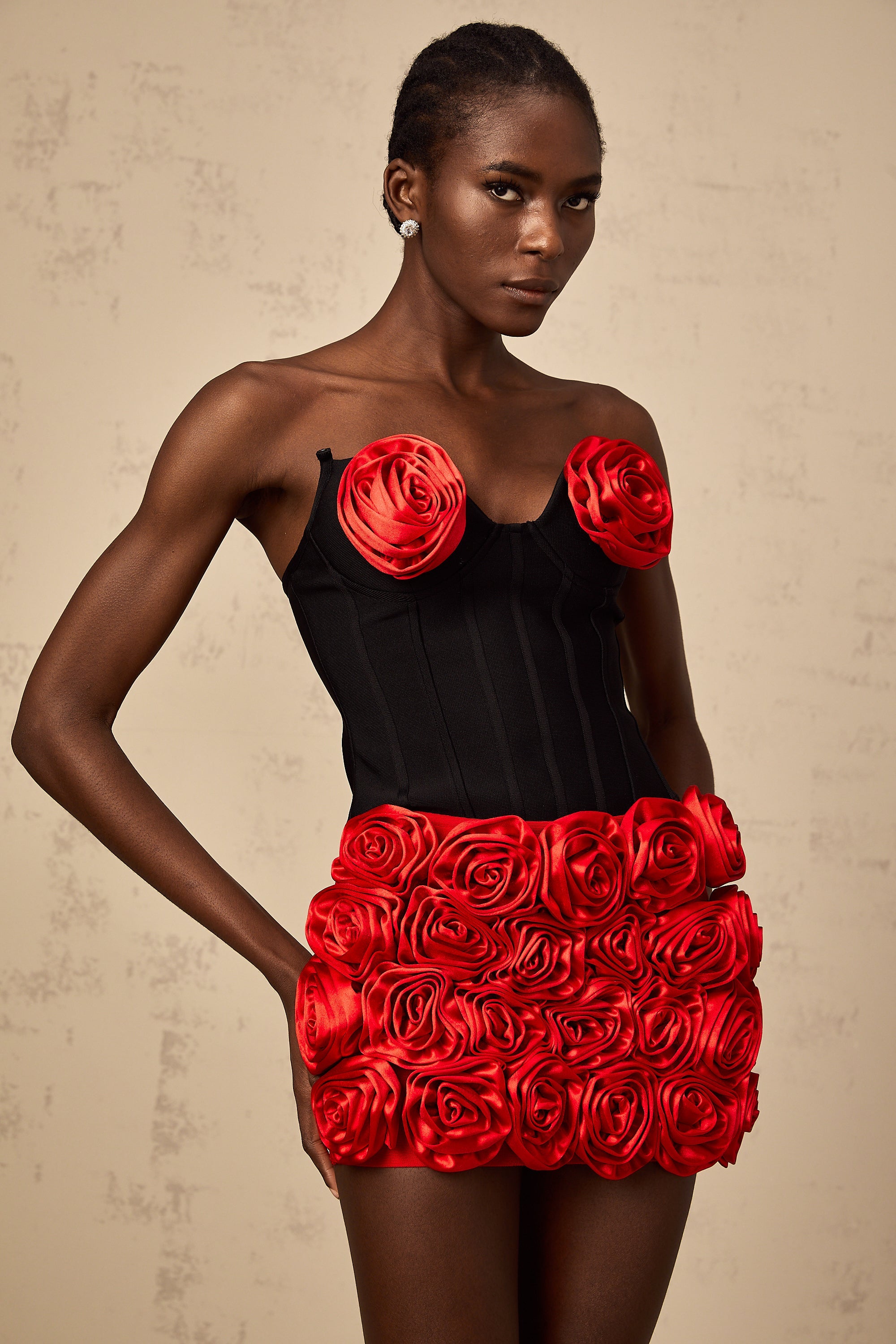 Héloïse red rose-appliqué top & skirt matching set