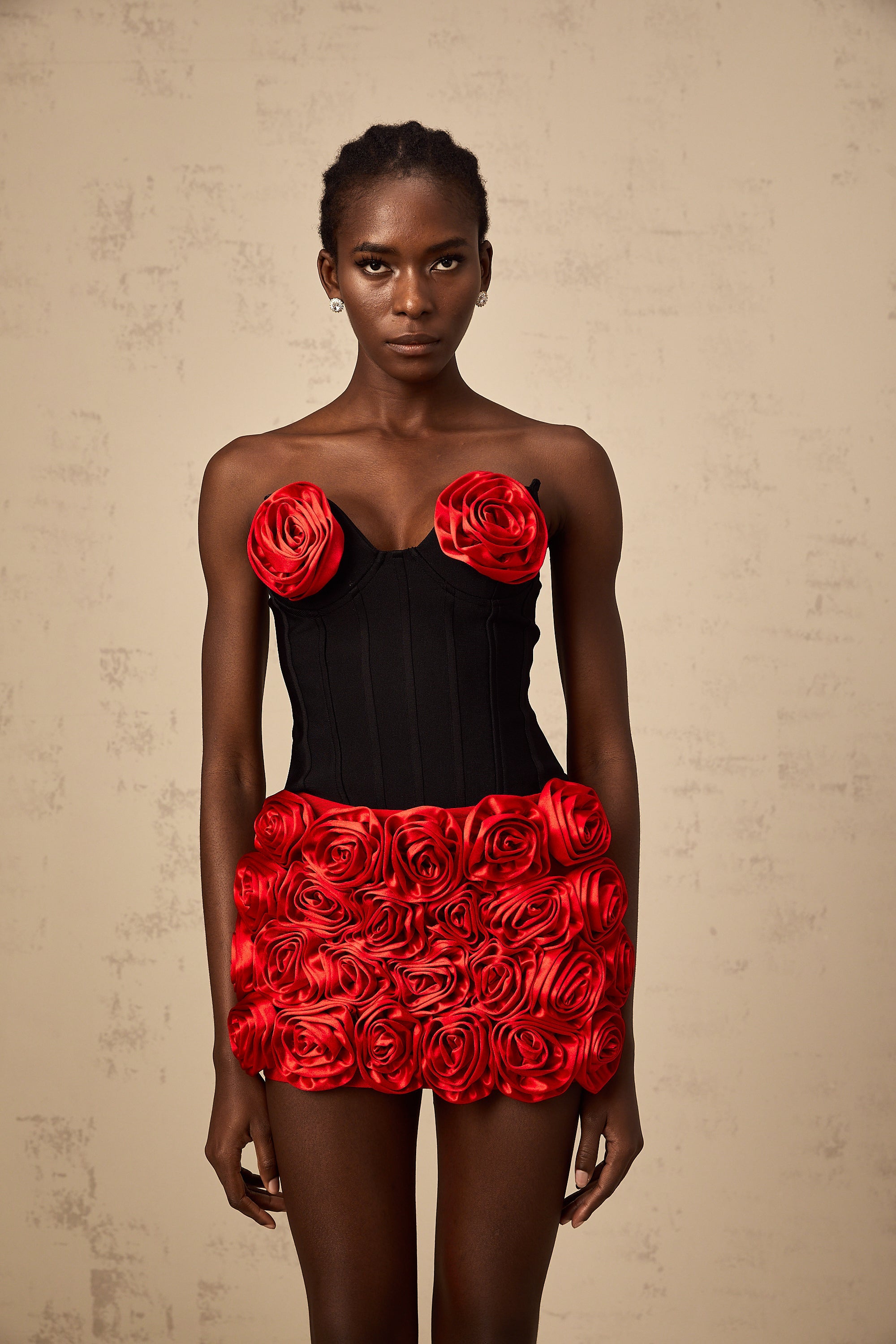 Héloïse red rose-appliqué top & skirt matching set