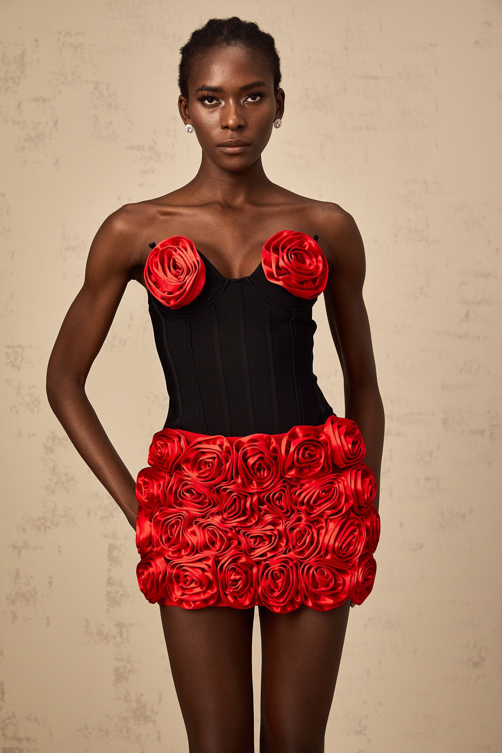 Héloïse red rose-appliqué top & skirt matching set