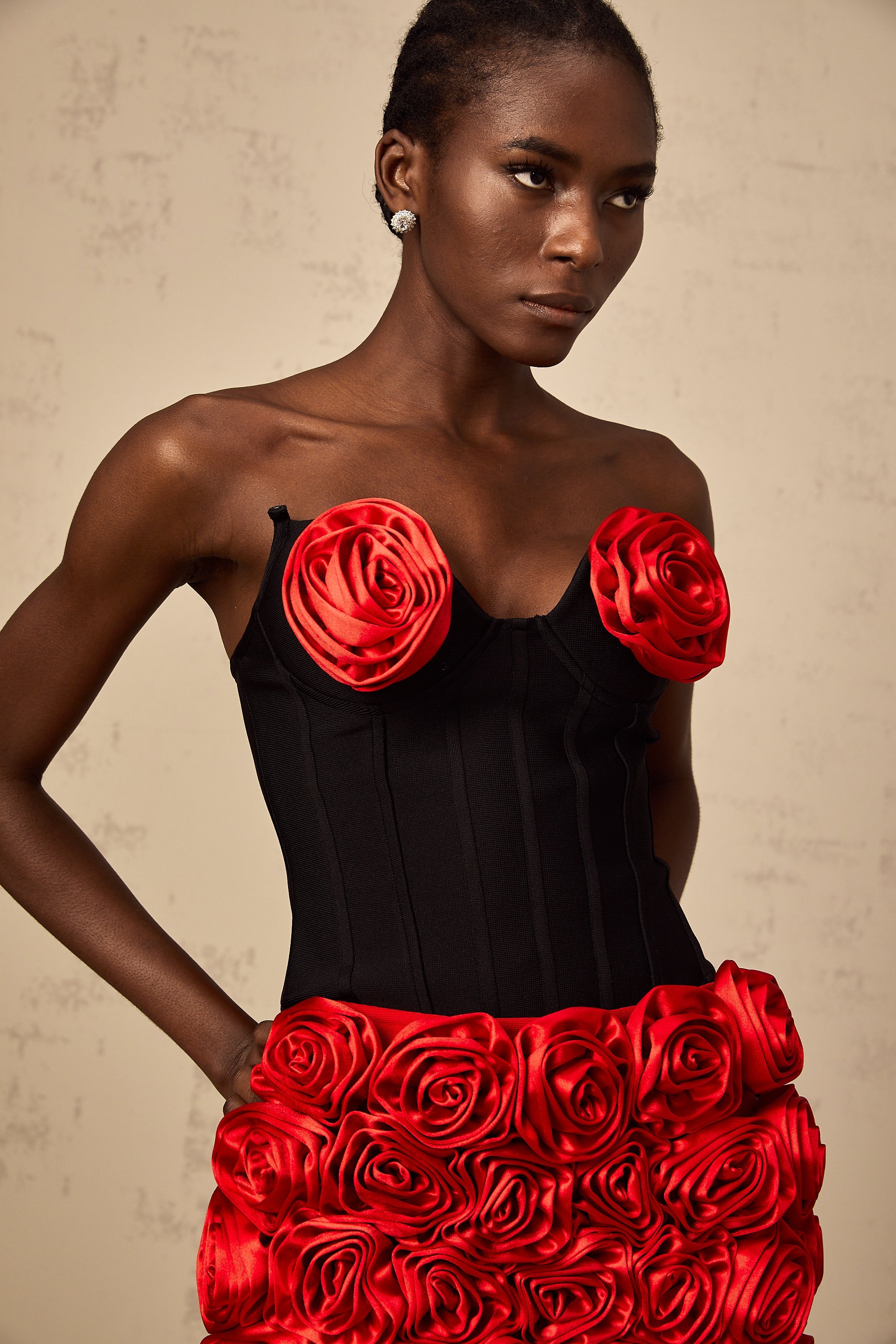 Héloïse red rose-appliqué top & skirt matching set