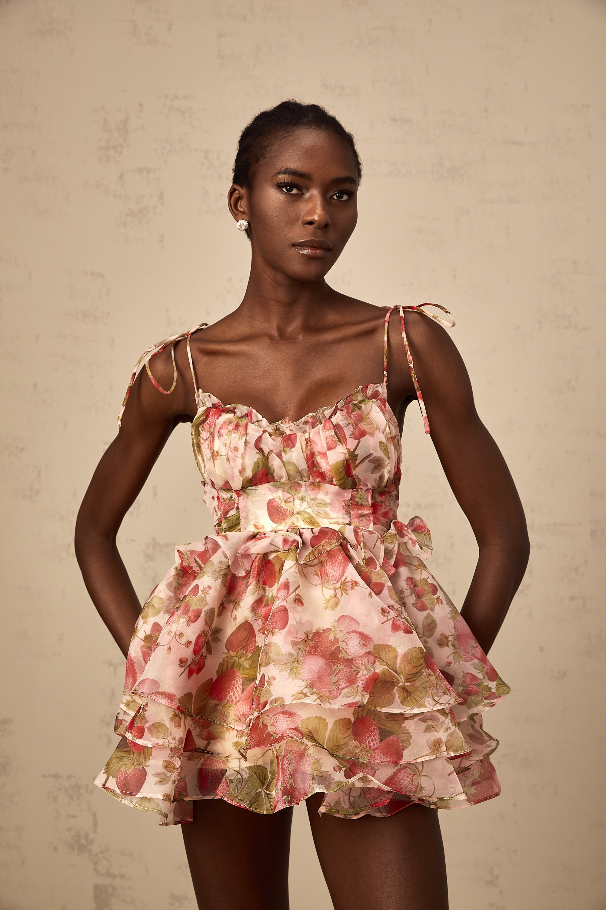 Angèle strawberry-print tiered mini dress