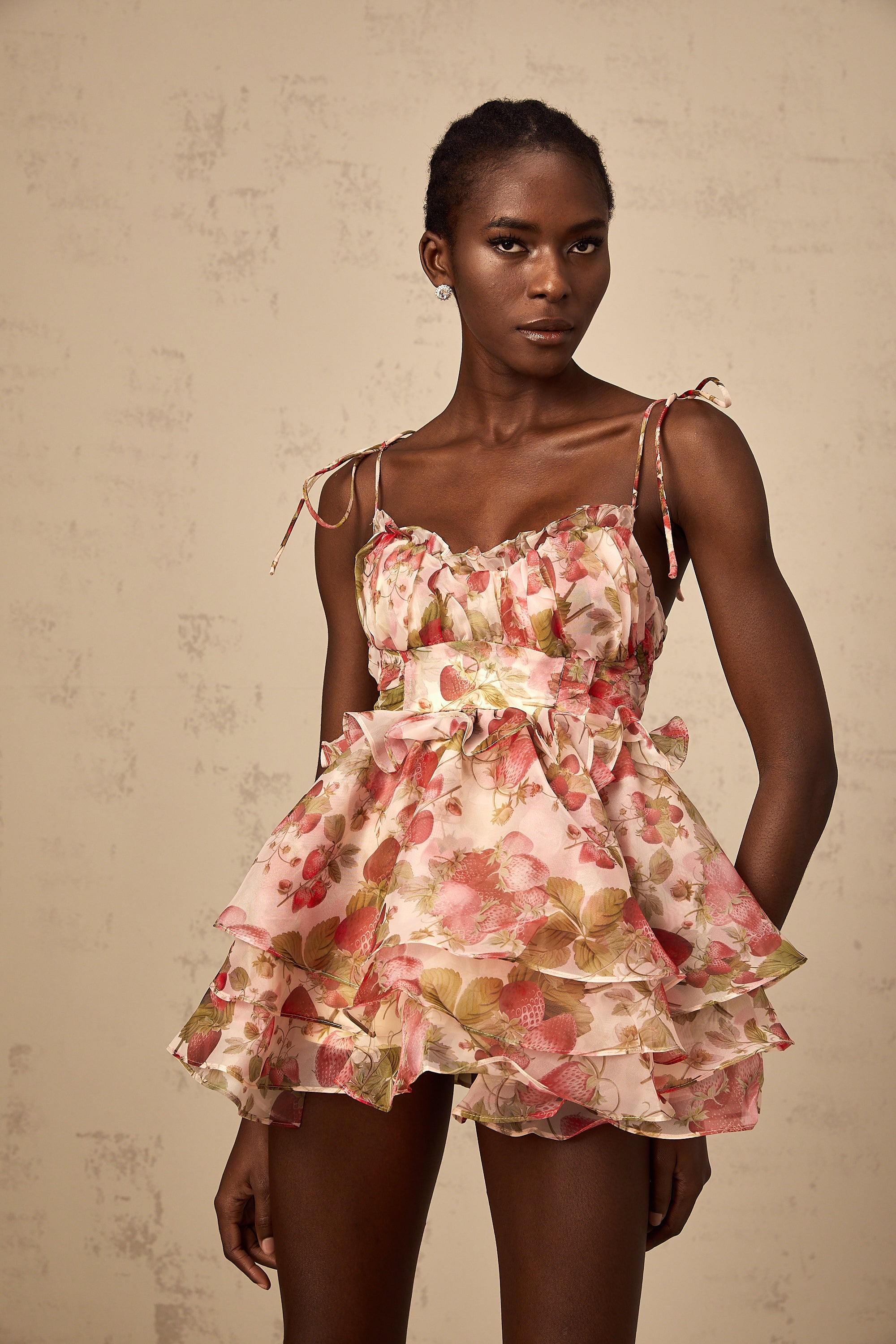 Angèle strawberry-print tiered mini dress
