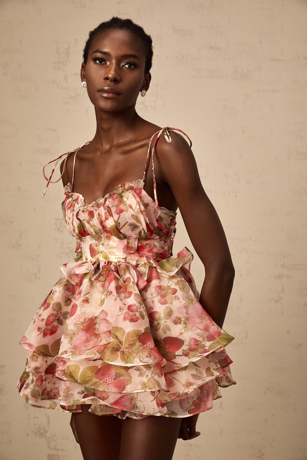 Angèle strawberry-print tiered mini dress