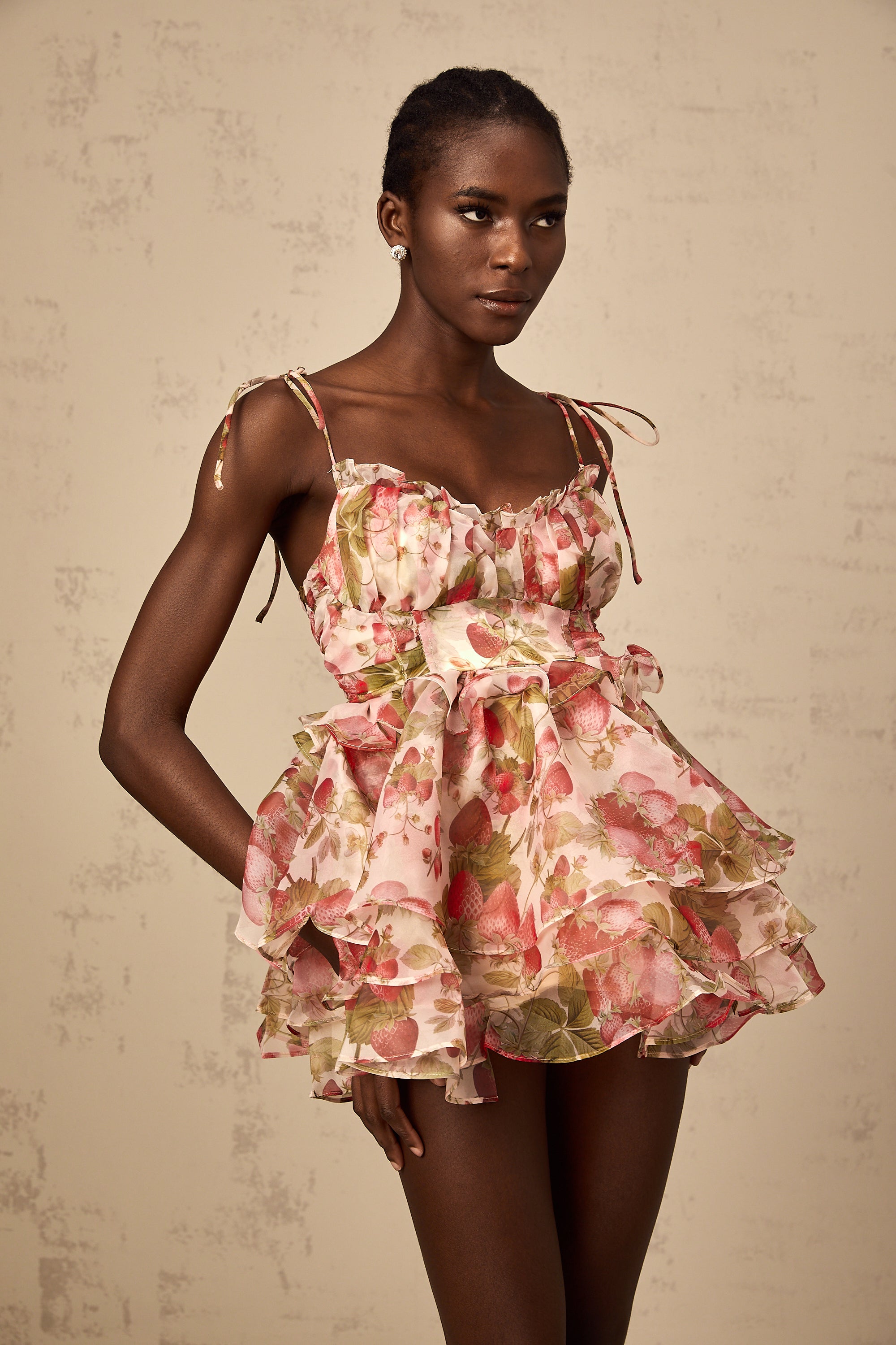 Angèle strawberry-print tiered mini dress