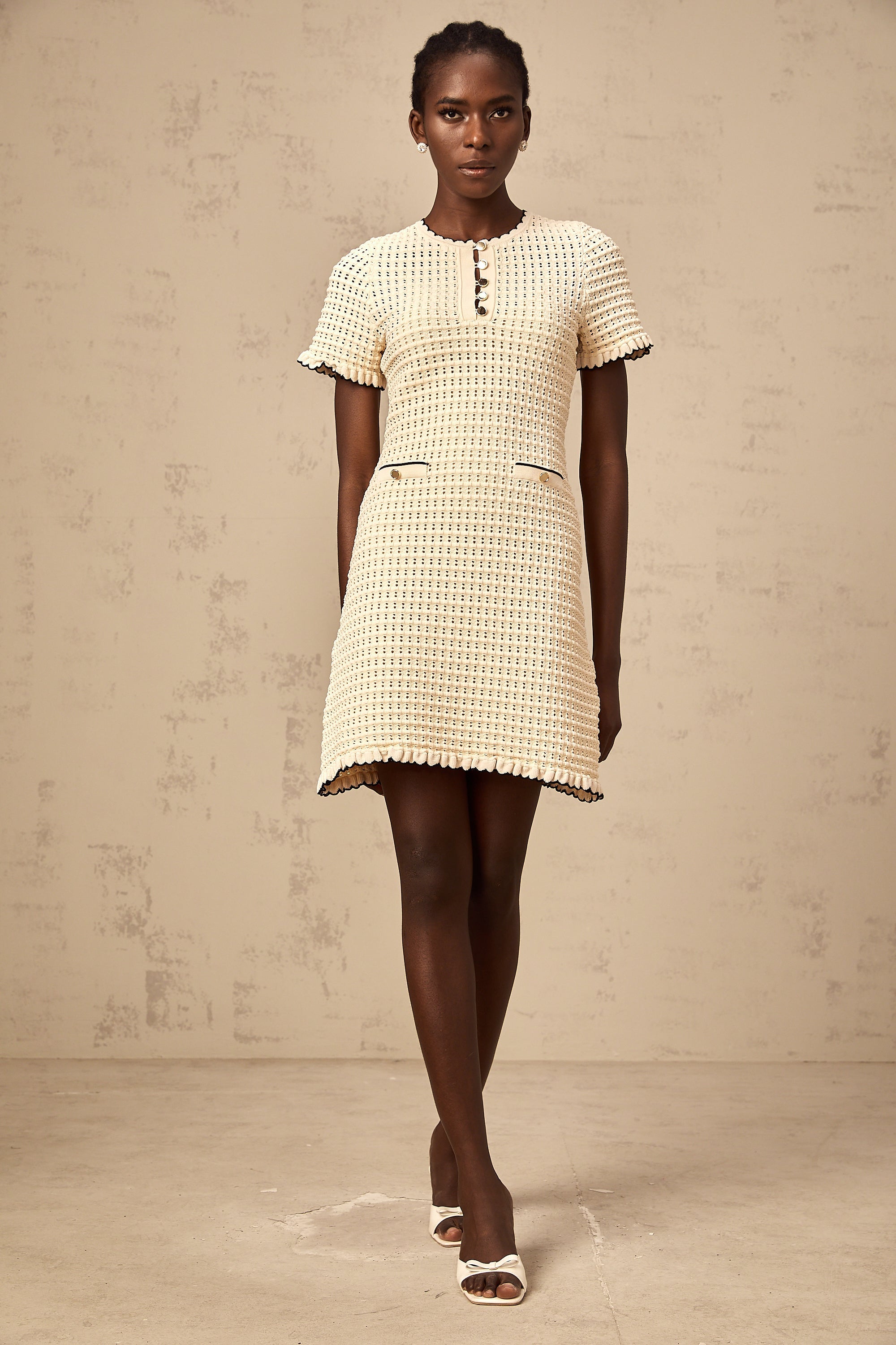 Victoire neutrals ruffled pointelle-knit mini dress