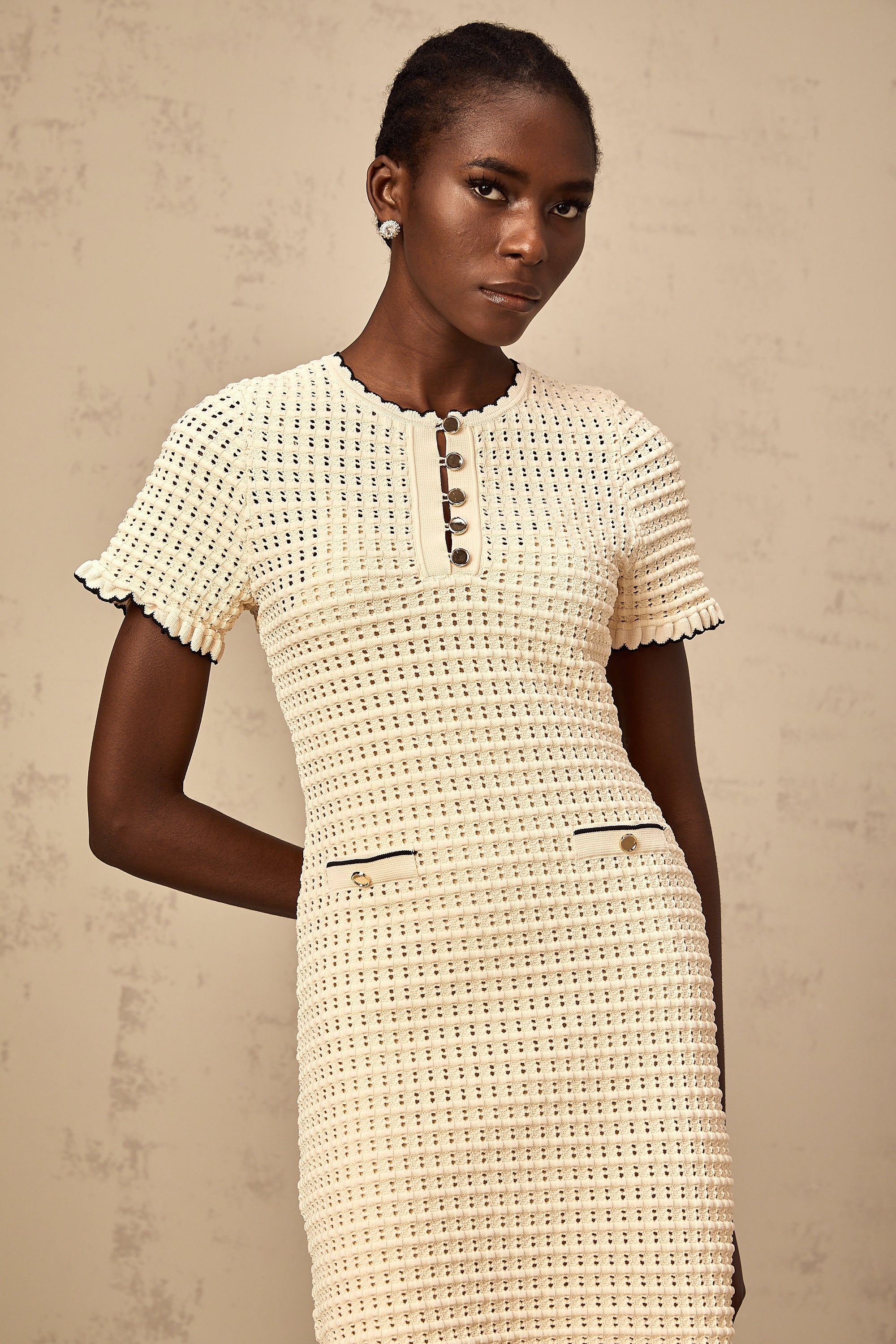 Victoire neutrals ruffled pointelle-knit mini dress