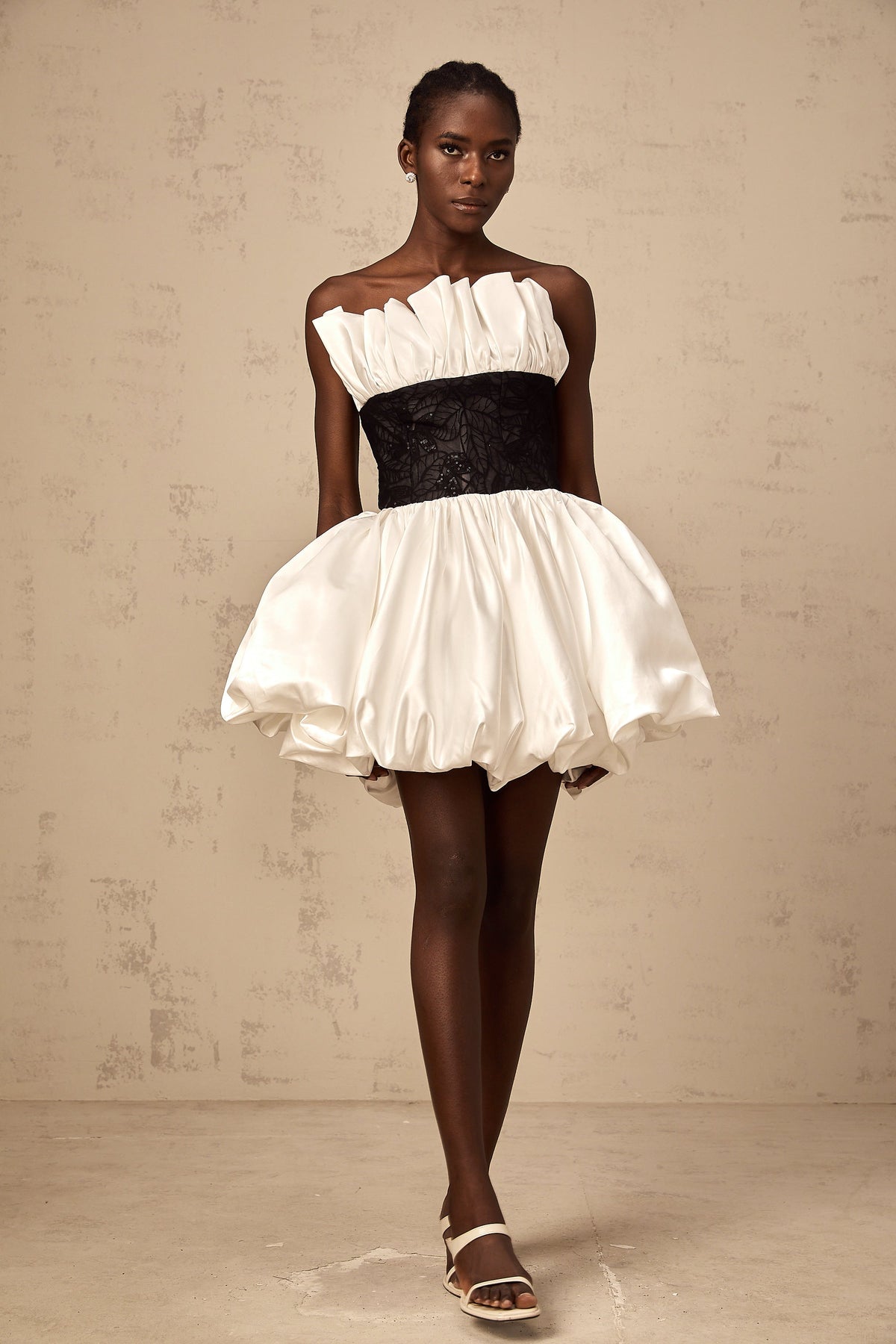 Éliane white lace-panelling puff satin mini dress