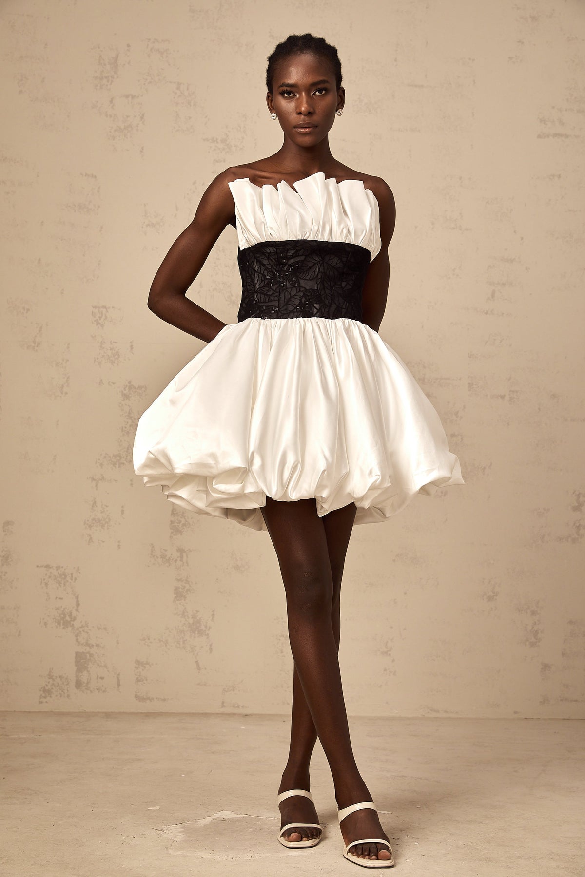 Éliane white lace-panelling puff satin mini dress