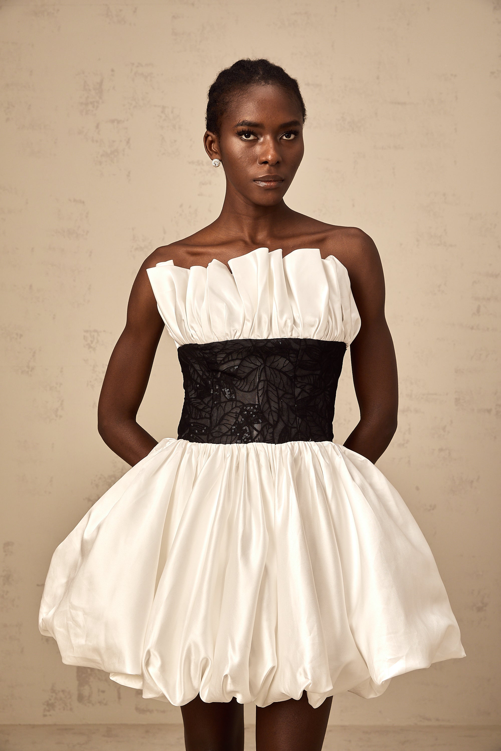 Éliane white lace-panelling puff satin mini dress