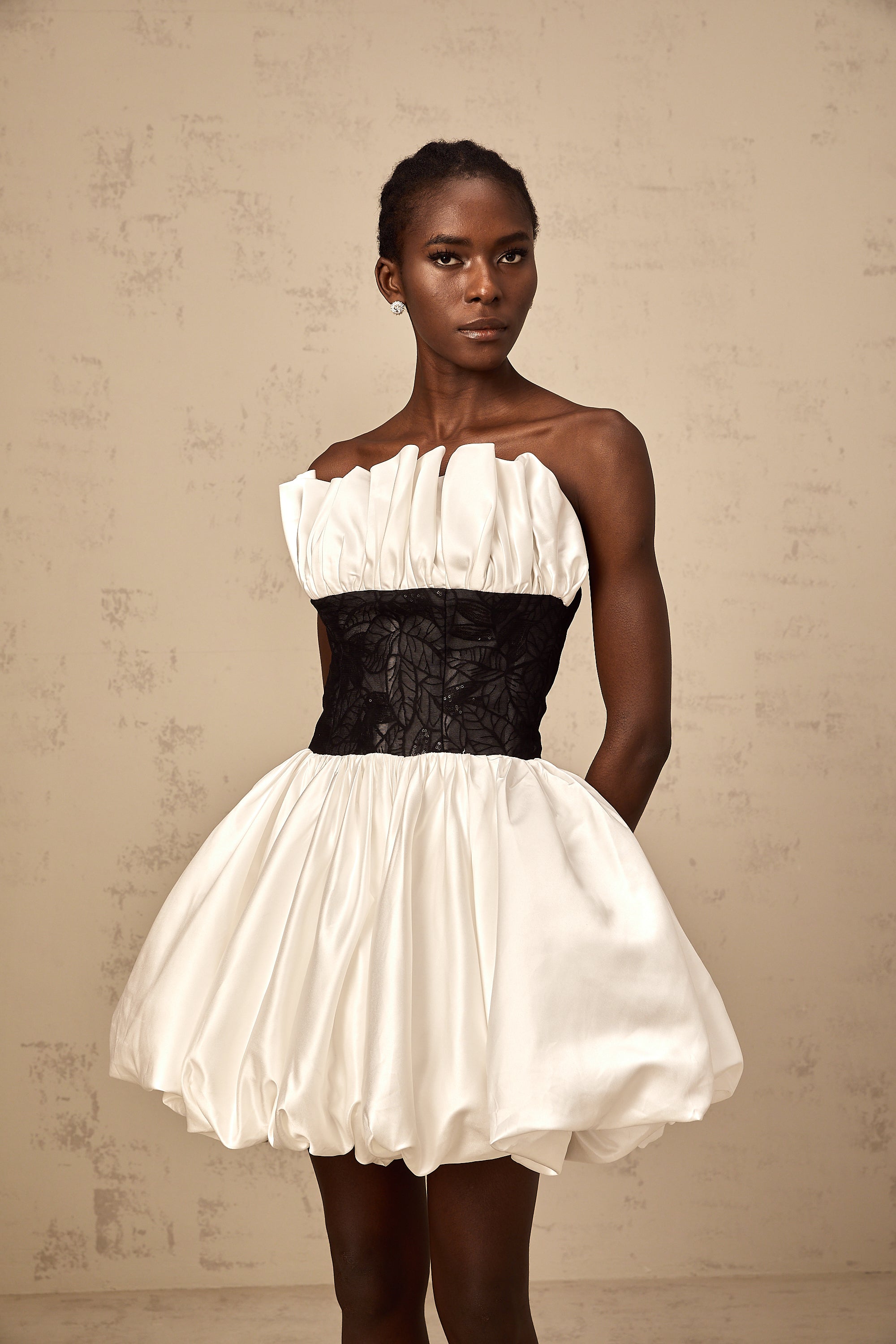 Éliane white lace-panelling puff satin mini dress