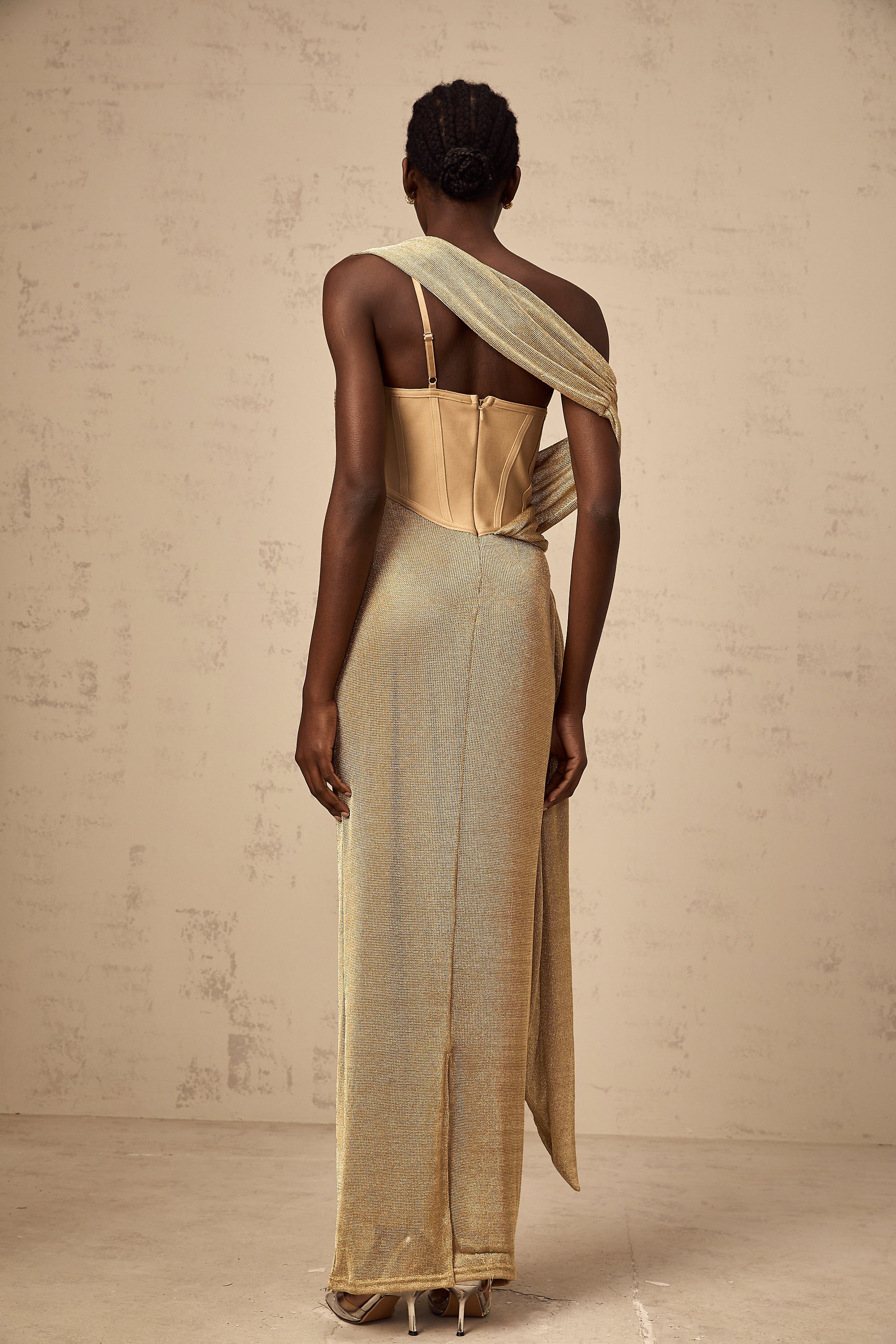 Delphine ribbon-design corset maxi dress in Khaki