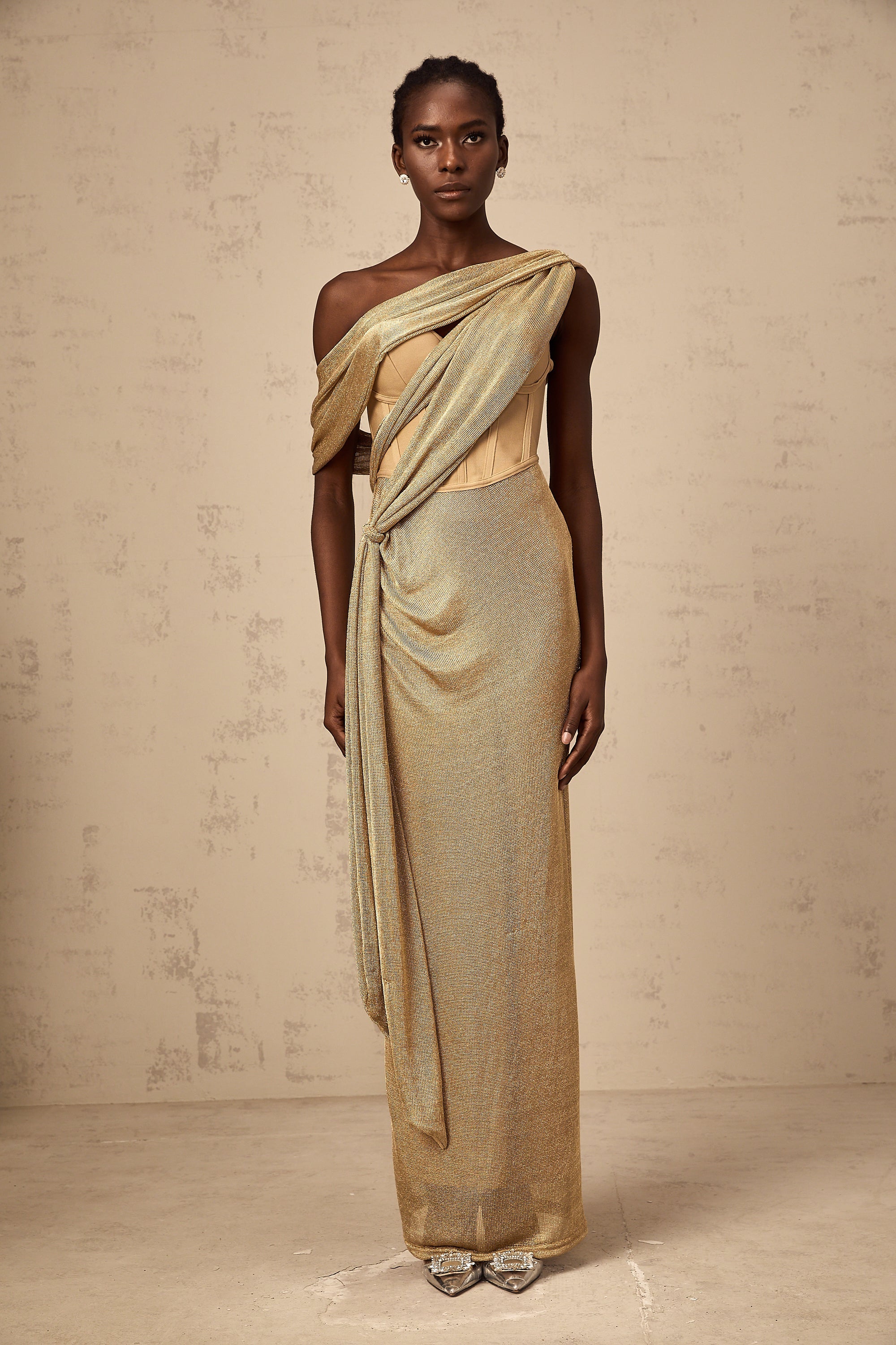 Delphine ribbon-design corset maxi dress in Khaki