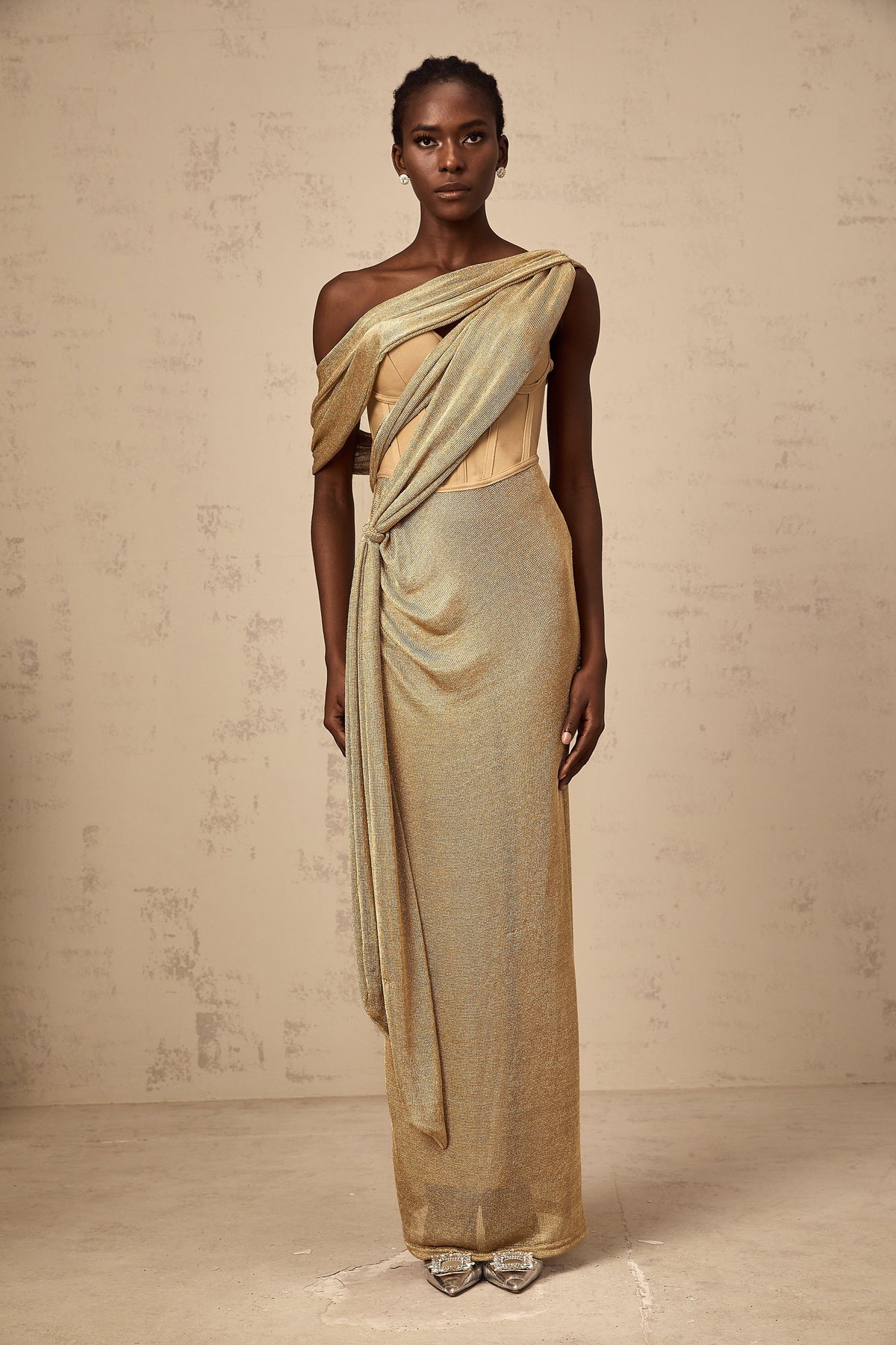 Delphine ribbon-design corset maxi dress in Khaki