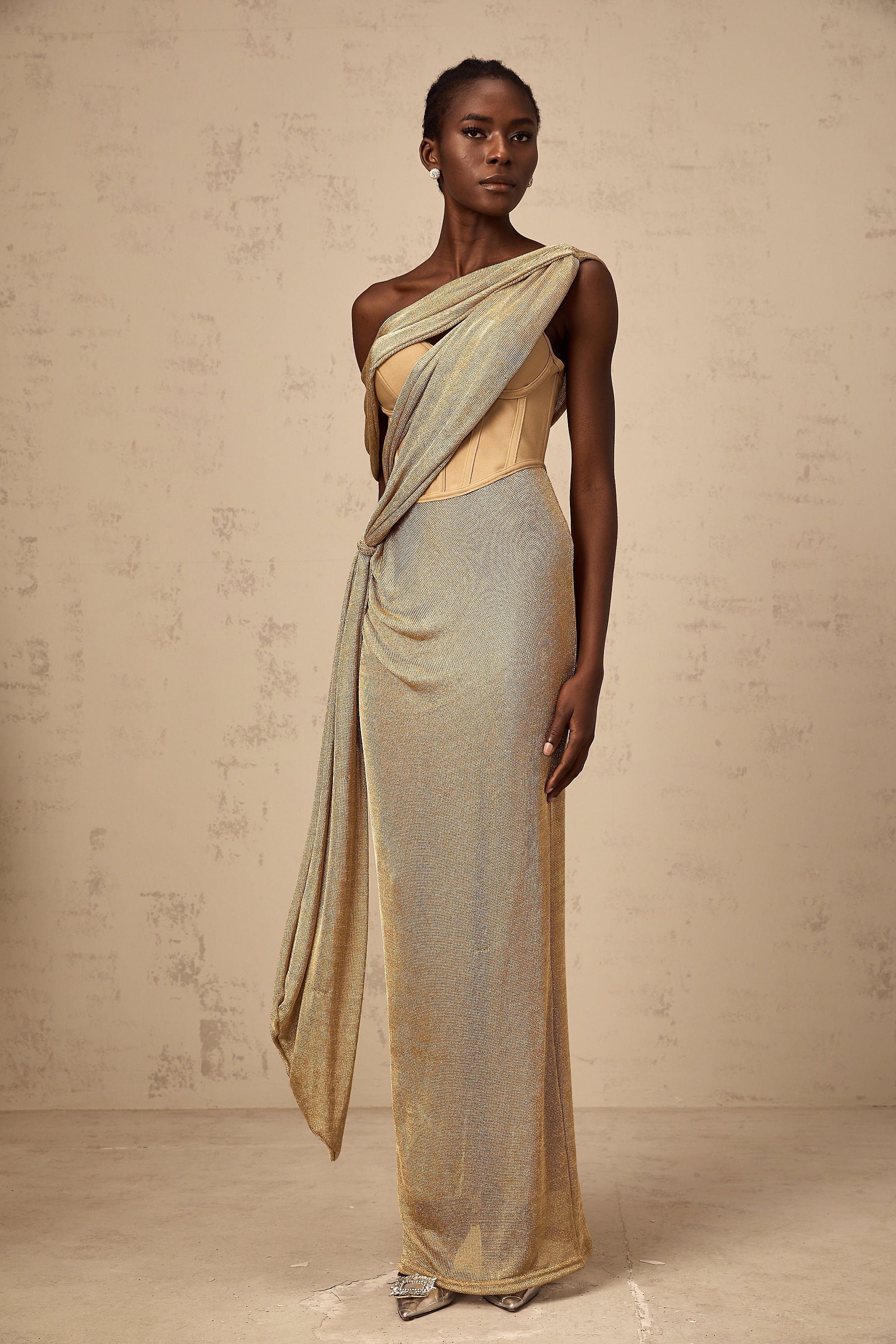 Delphine ribbon-design corset maxi dress in Khaki