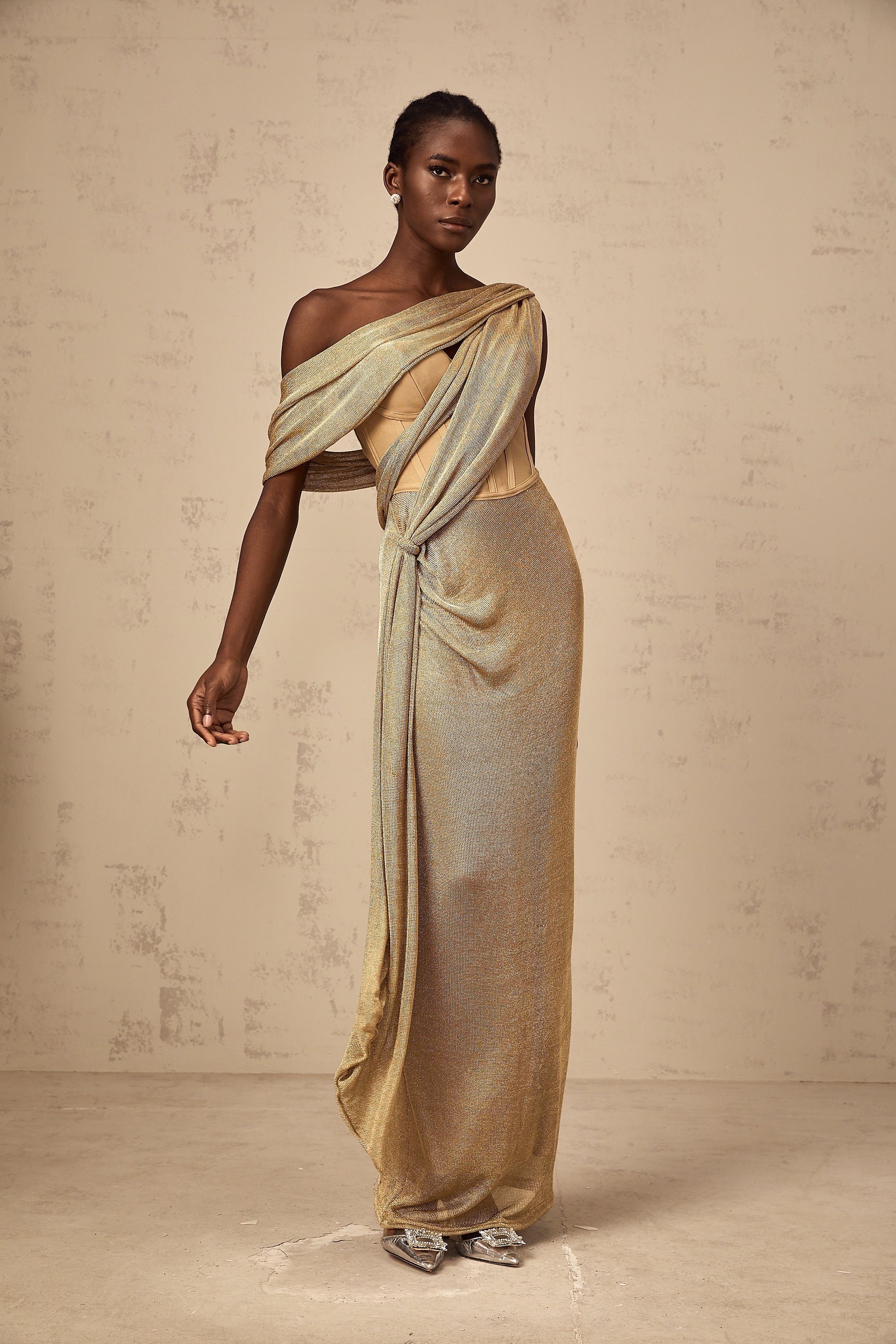 Delphine ribbon-design corset maxi dress in Khaki