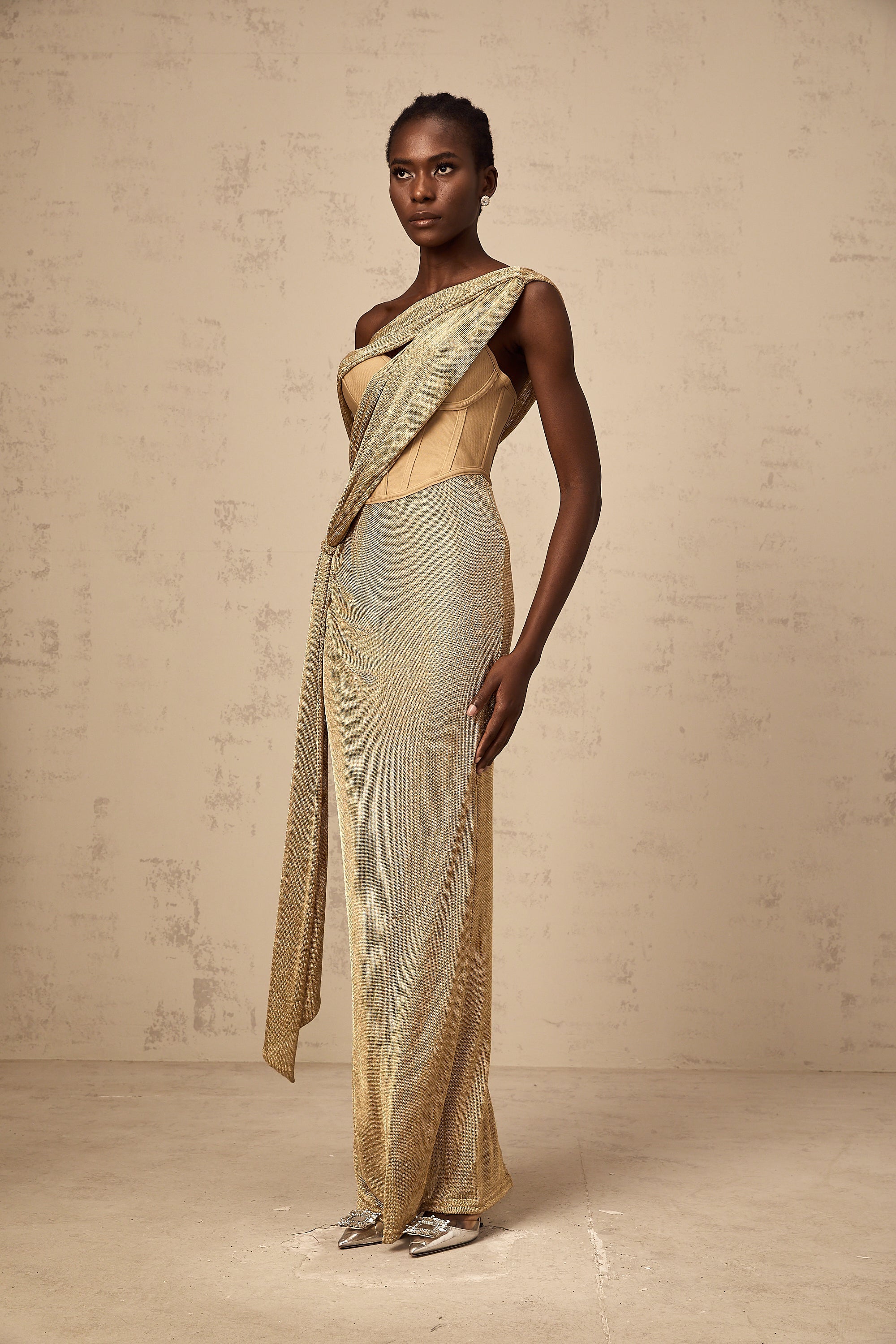 Delphine ribbon-design corset maxi dress in Khaki