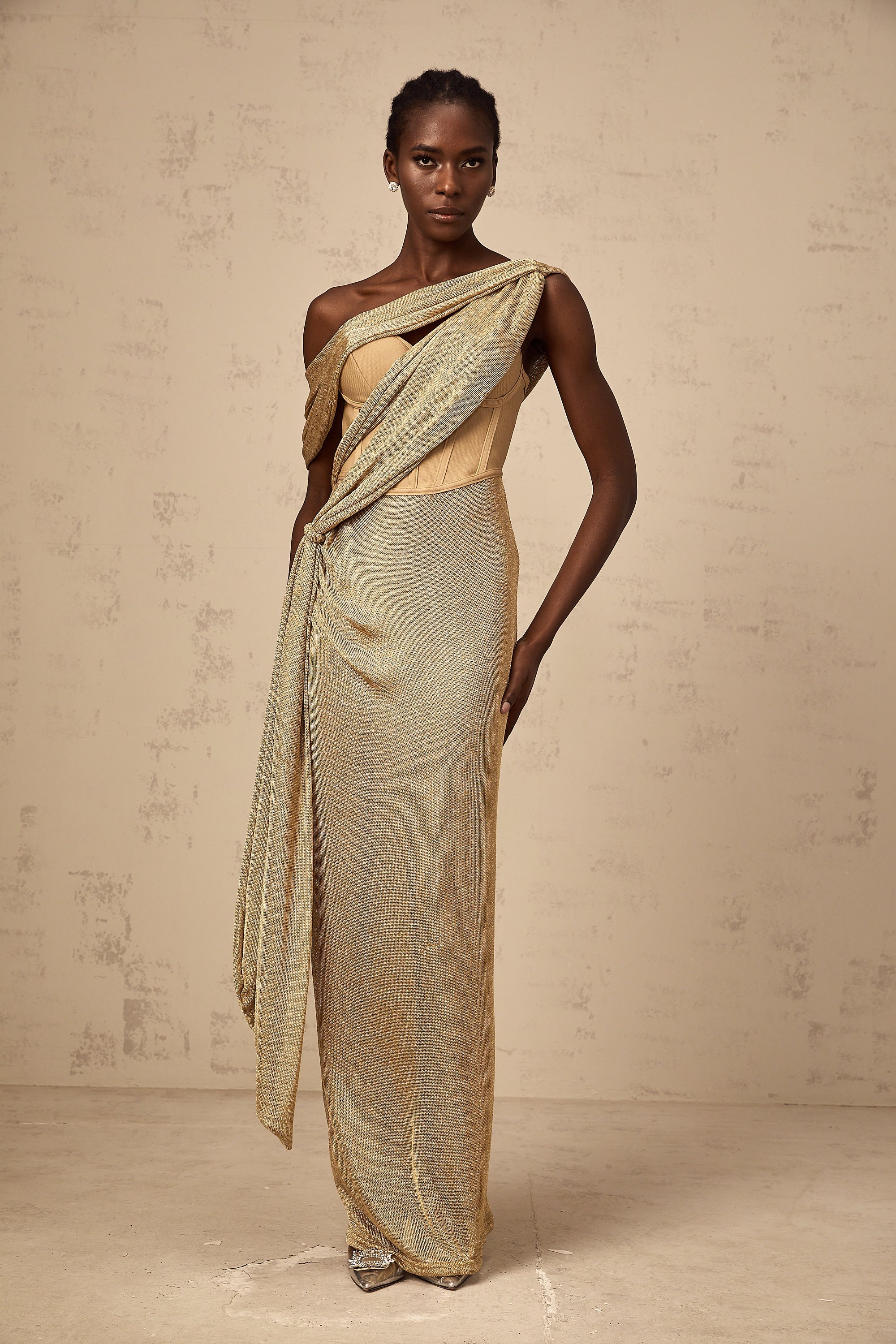 Delphine ribbon-design corset maxi dress in Khaki