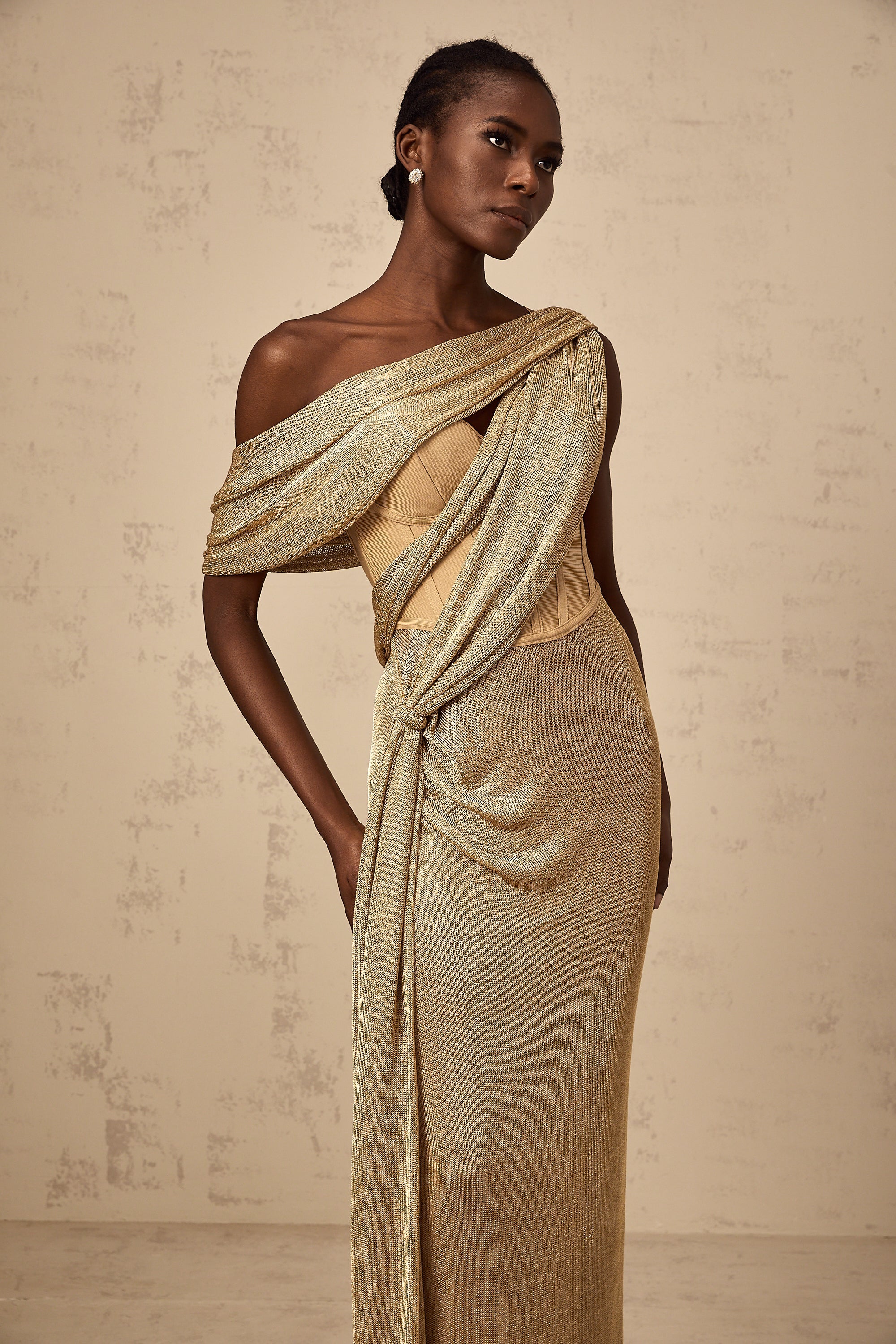 Delphine ribbon-design corset maxi dress in Khaki