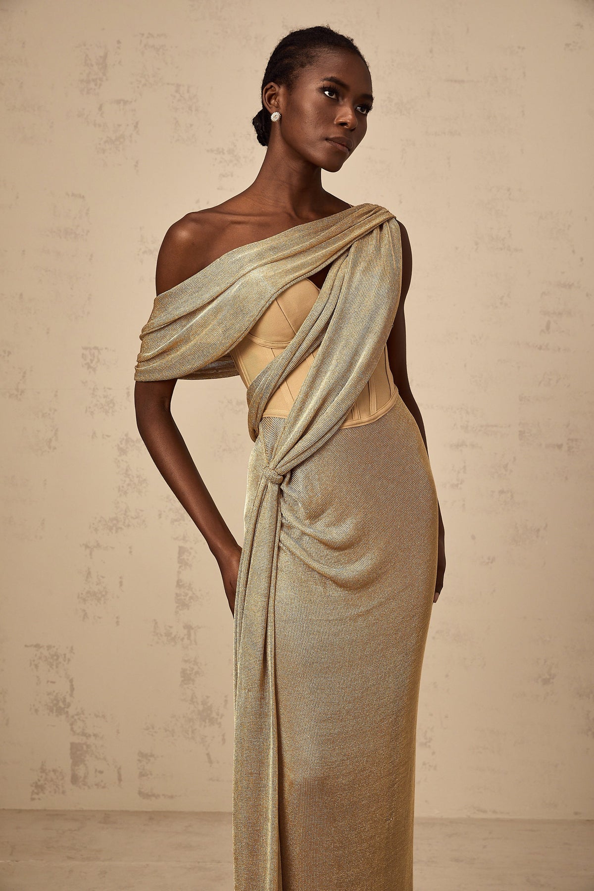 Delphine ribbon-design corset maxi dress in Khaki
