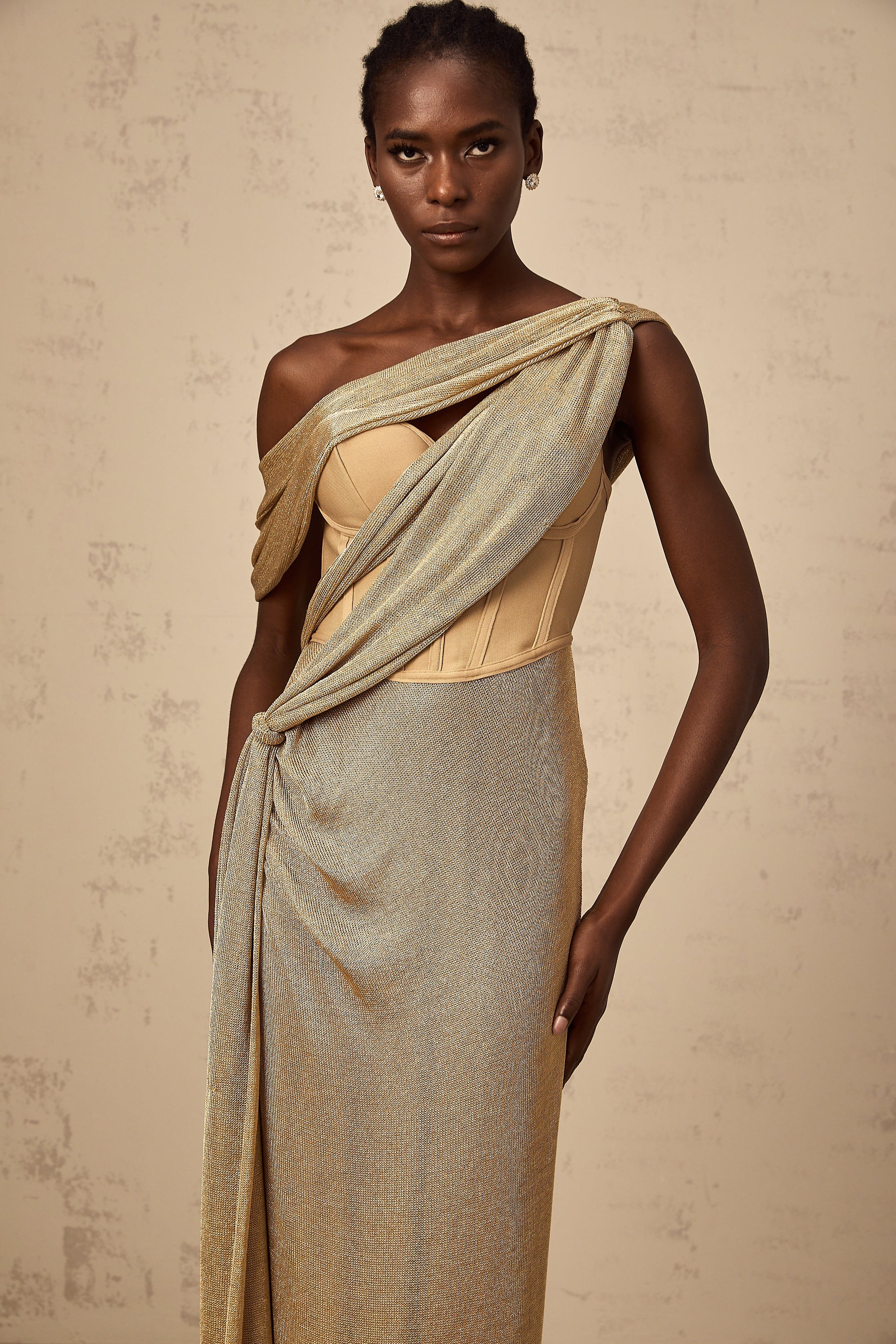 Delphine ribbon-design corset maxi dress in Khaki