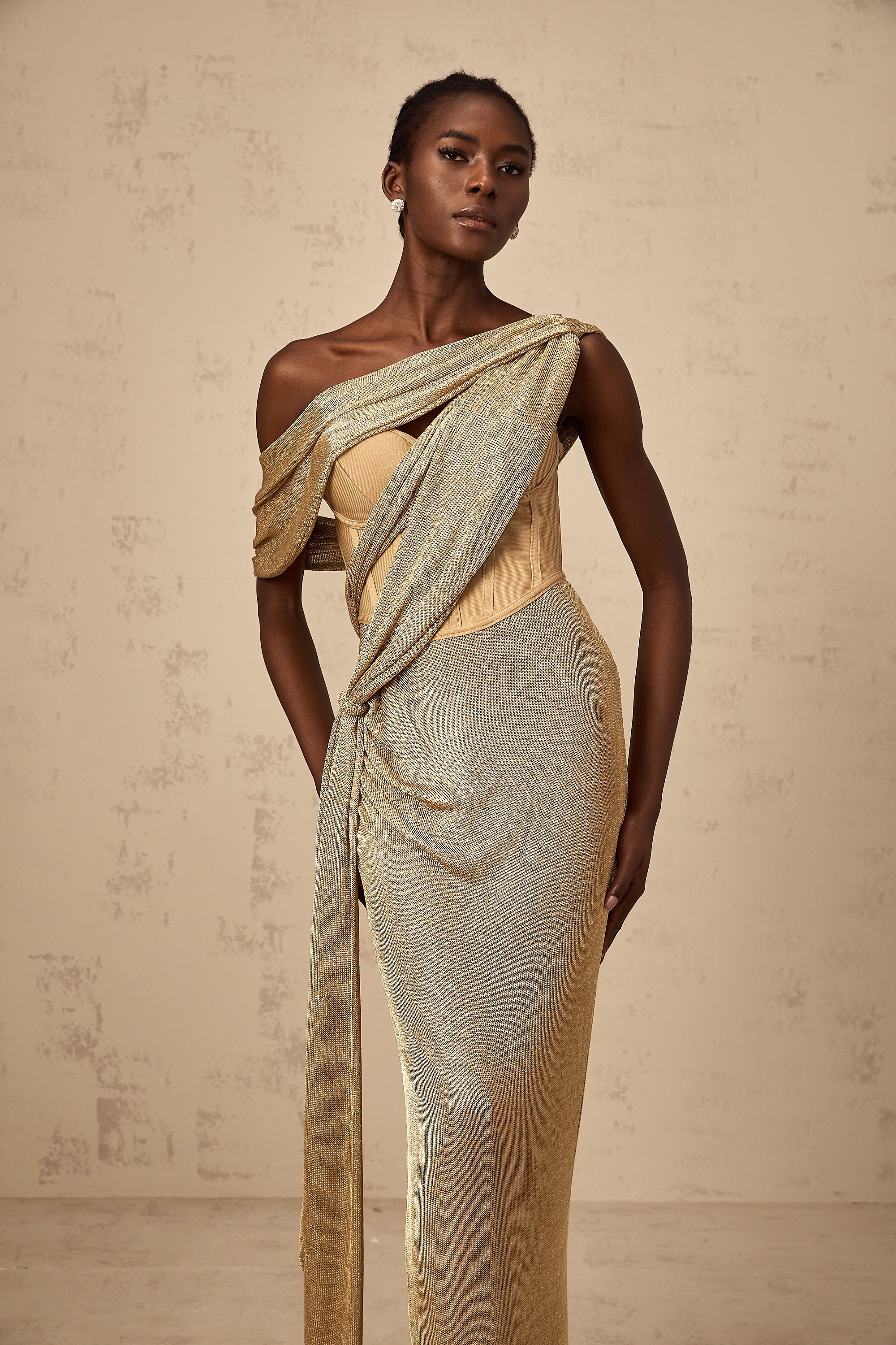 Delphine ribbon-design corset maxi dress in Khaki