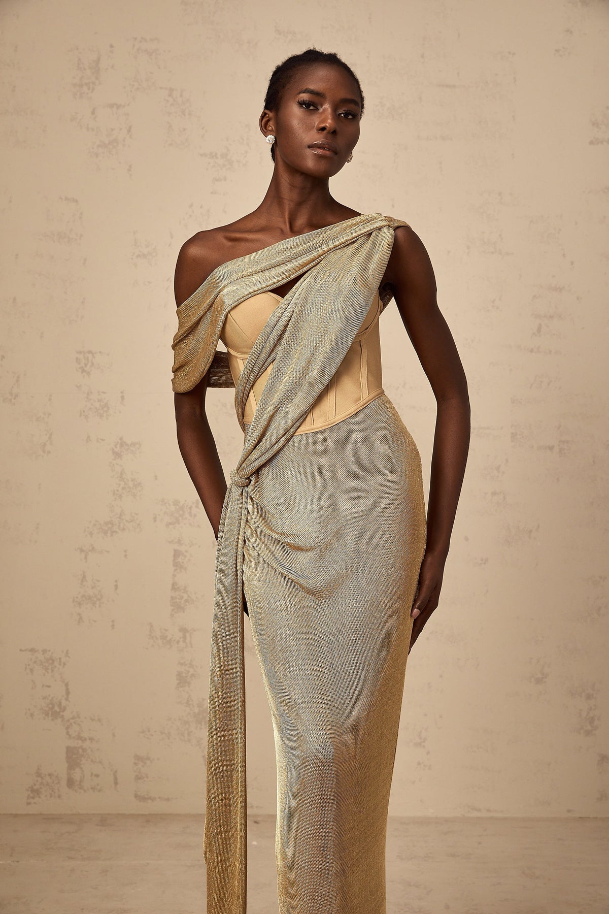 Delphine ribbon-design corset maxi dress in Khaki