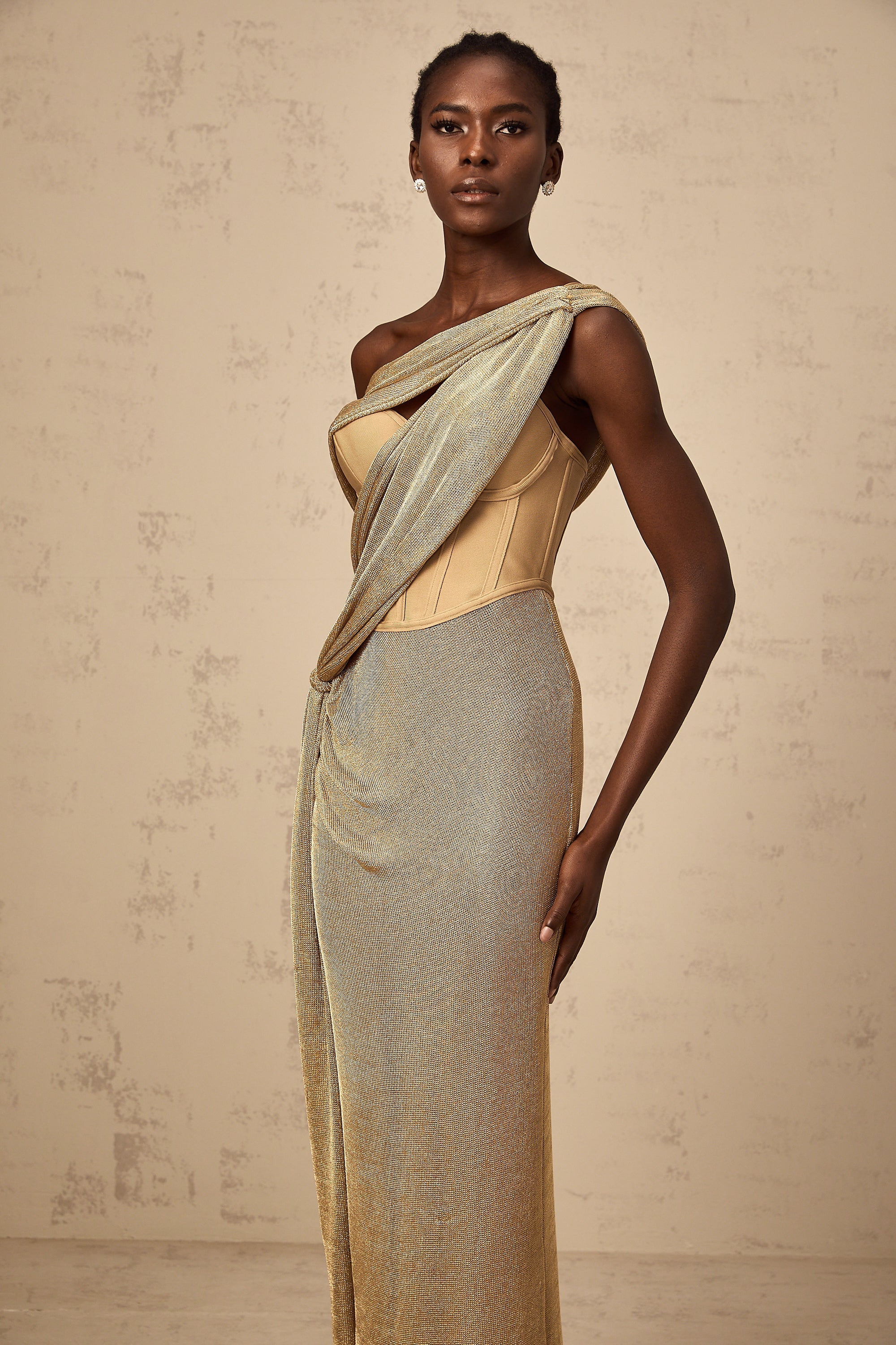 Delphine ribbon-design corset maxi dress in Khaki