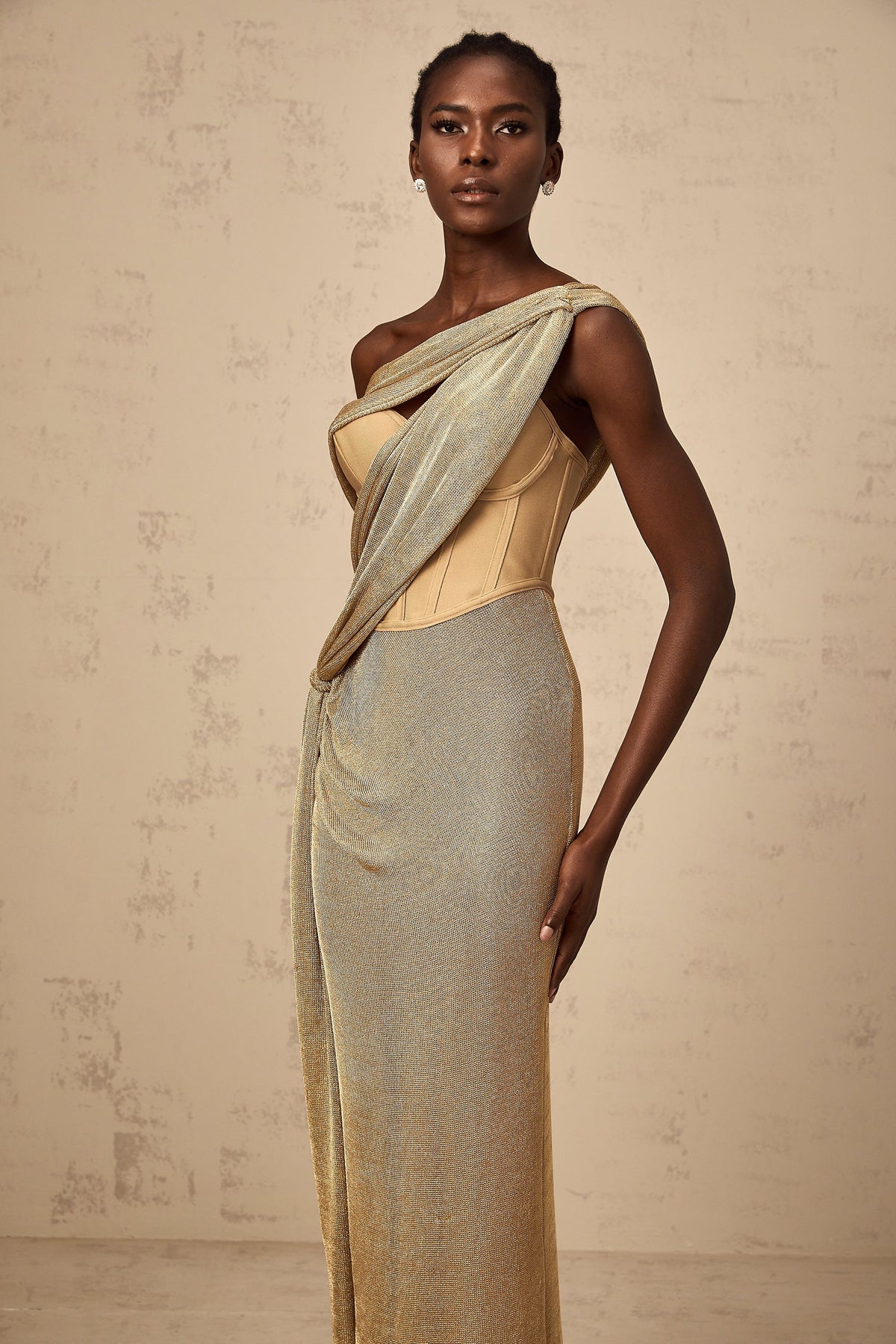 Delphine ribbon-design corset maxi dress in Khaki