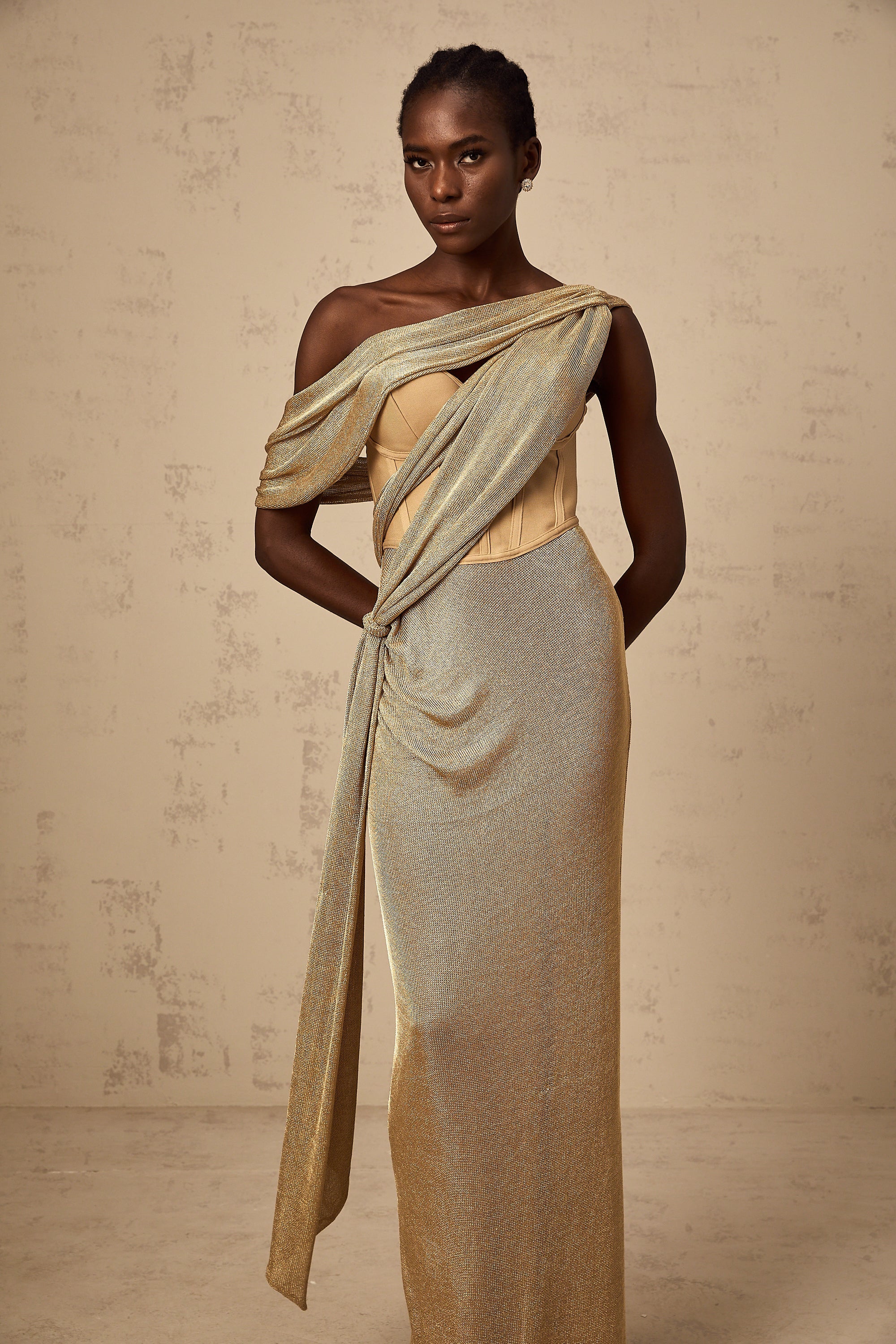 Delphine ribbon-design corset maxi dress in Khaki