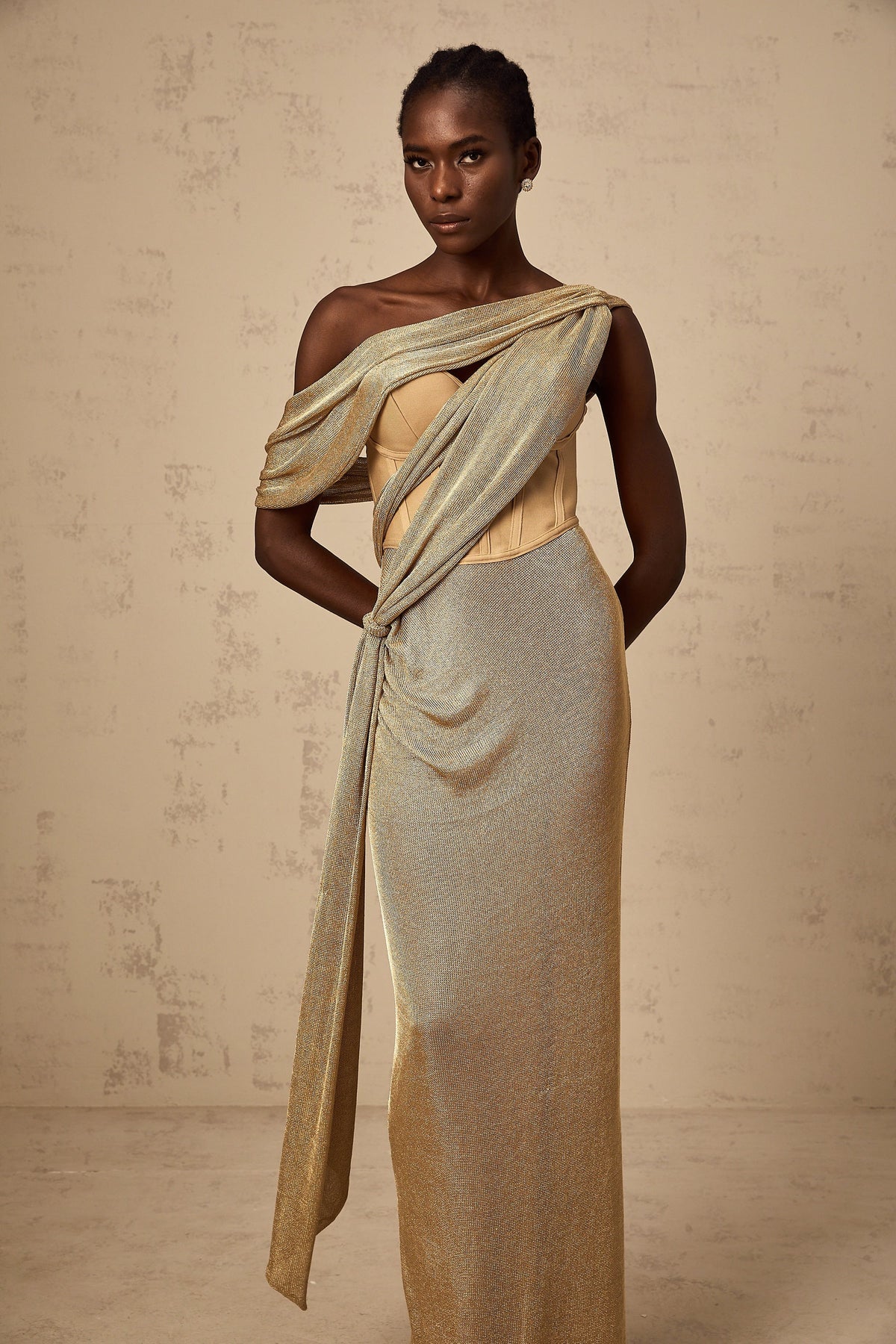 Delphine ribbon-design corset maxi dress in Khaki