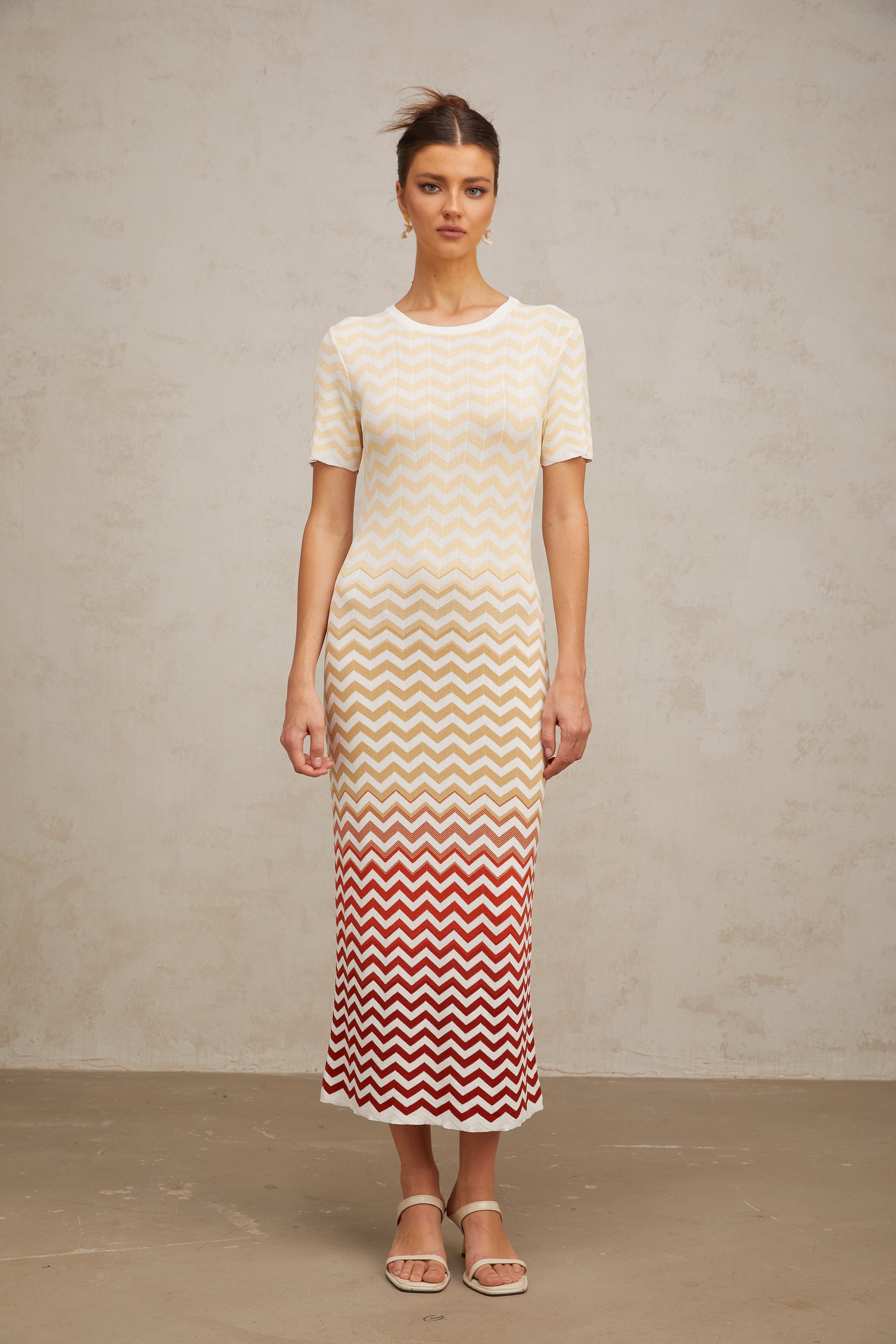 Isabelle yellow zigzag-woven knit midi dress