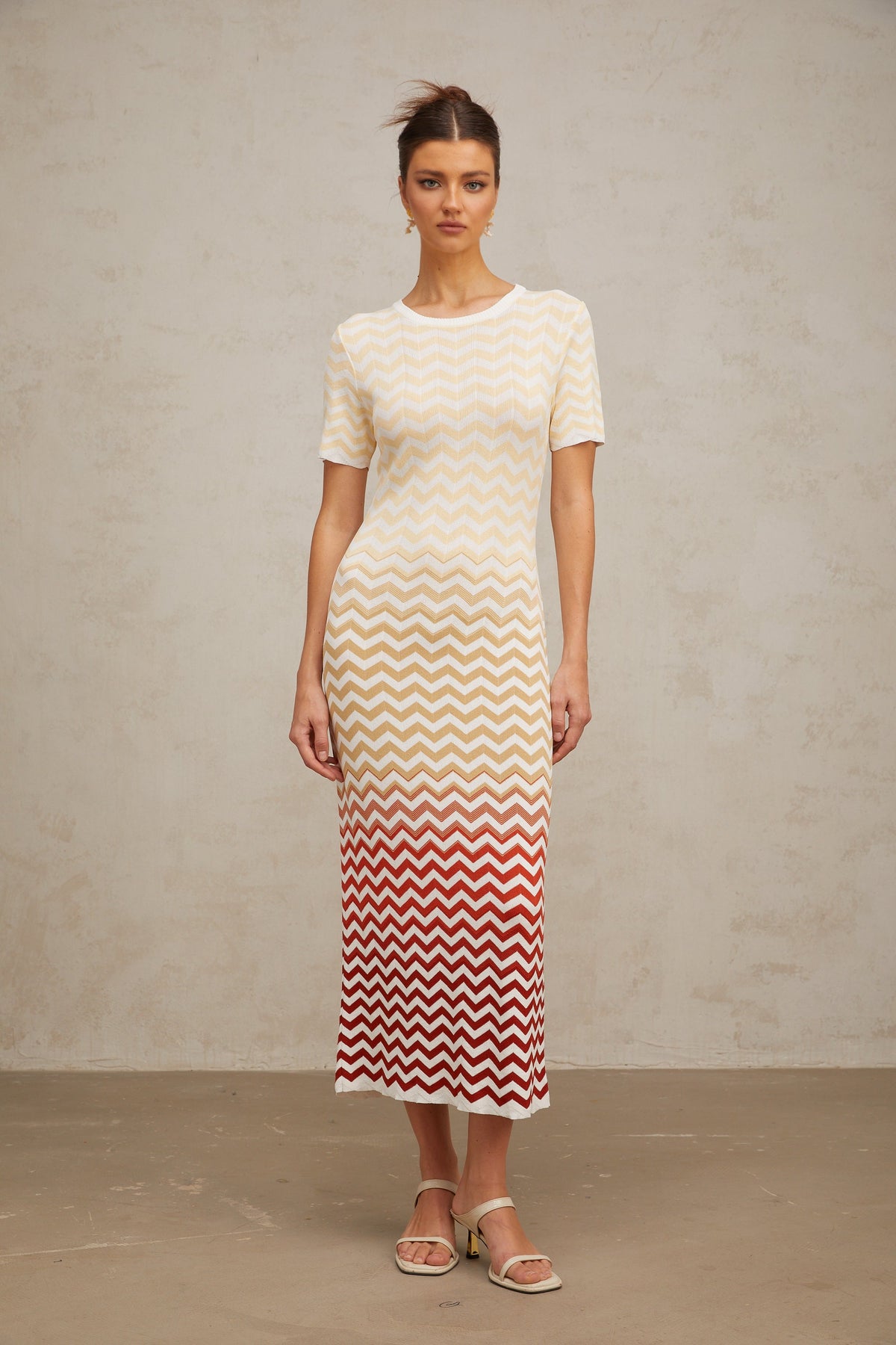 Isabelle yellow zigzag-woven knit midi dress