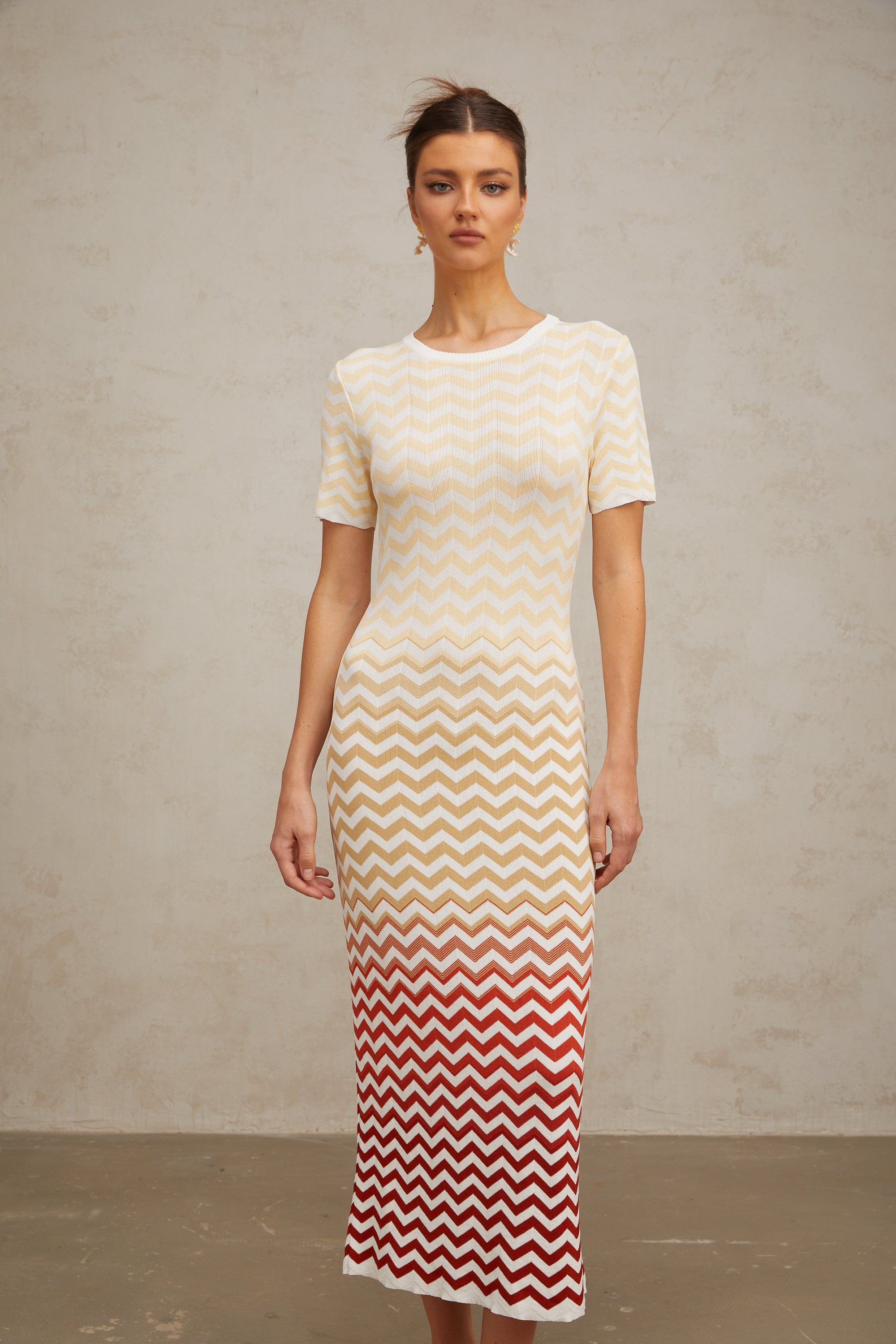 Isabelle yellow zigzag-woven knit midi dress