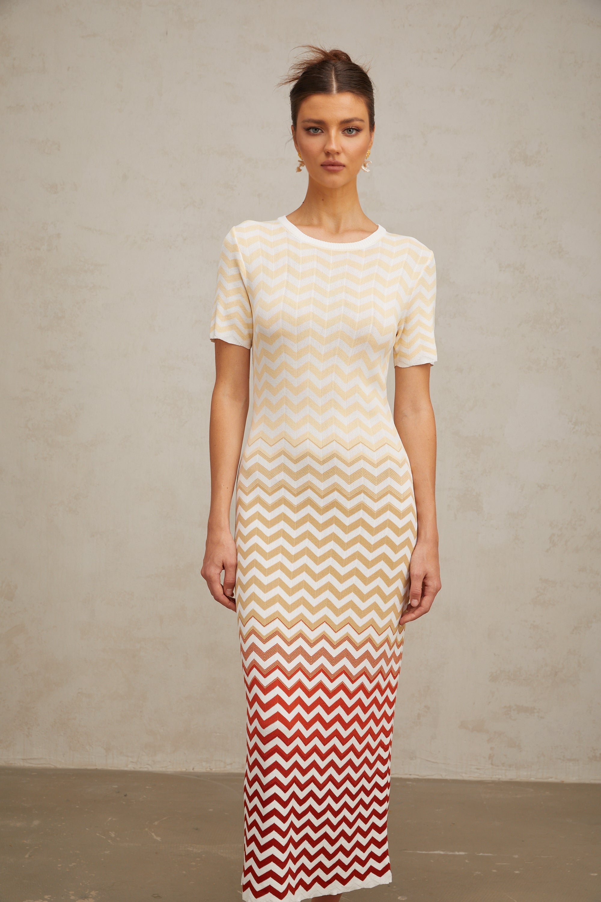 Isabelle yellow zigzag-woven knit midi dress