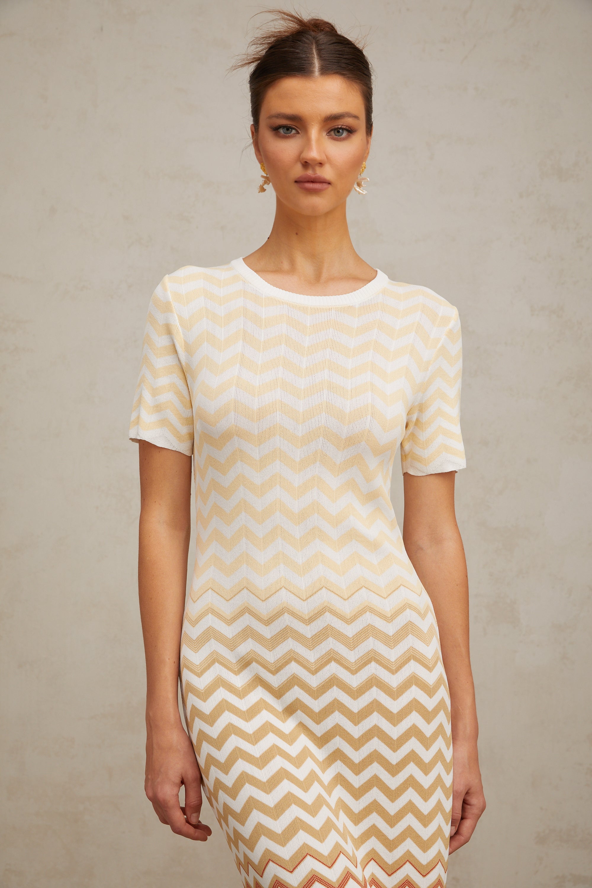 Isabelle yellow zigzag-woven knit midi dress