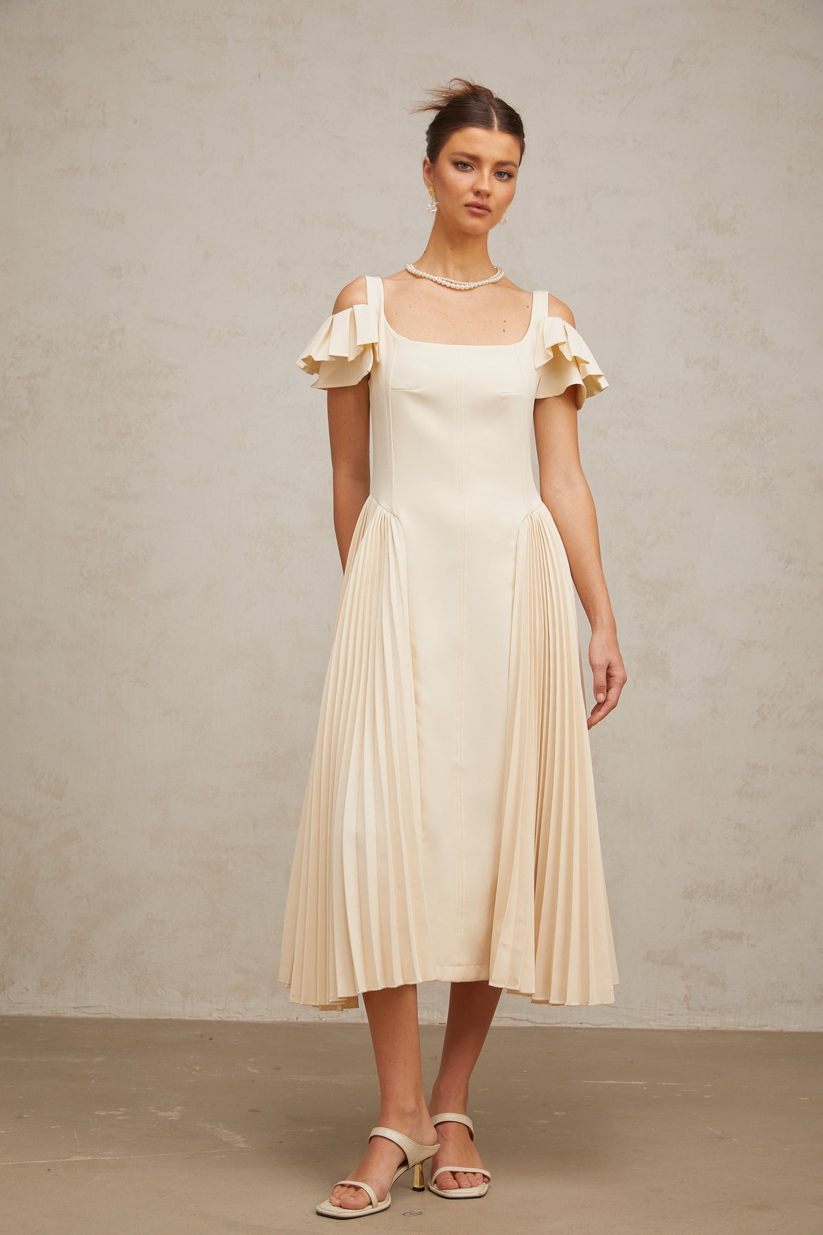 Véronique neutrals pleated flared midi dress