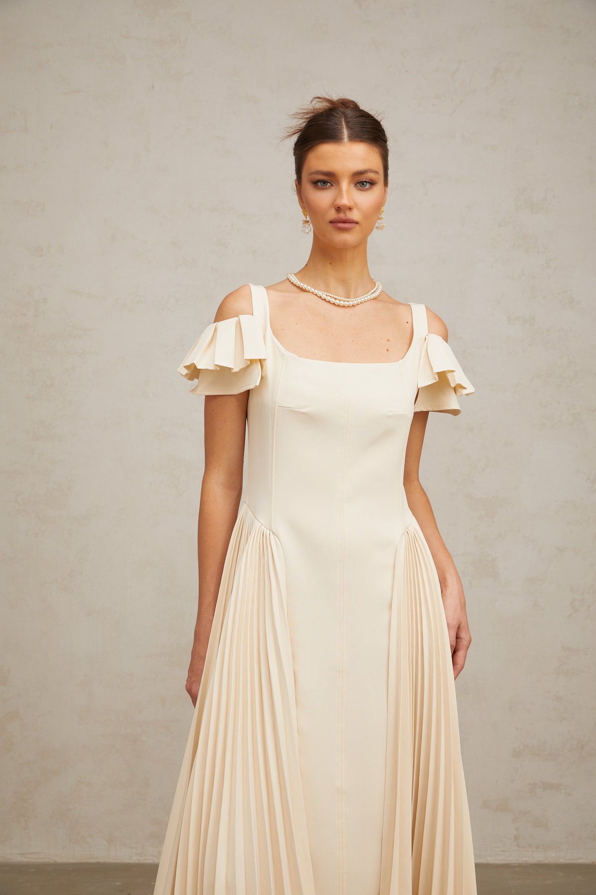 Véronique neutrals pleated flared midi dress