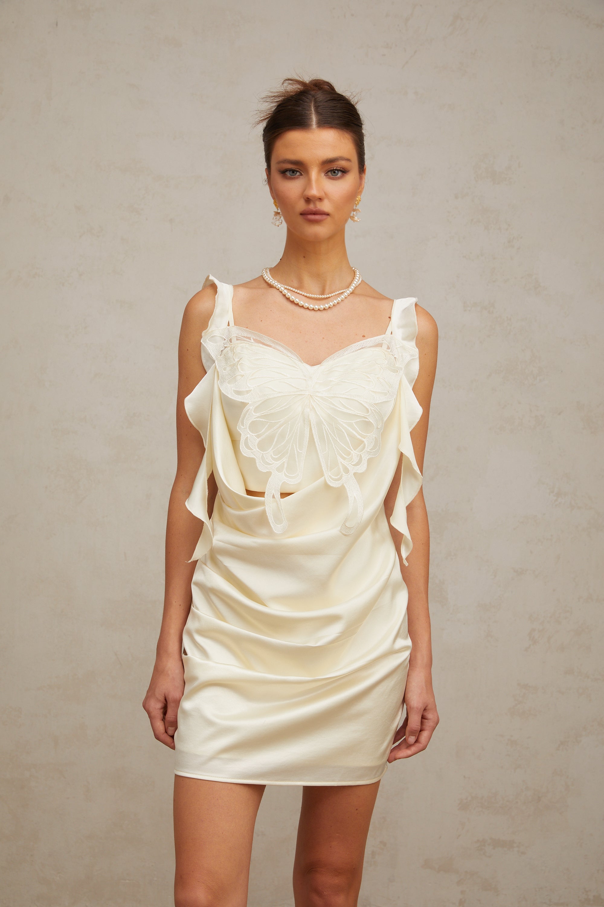Sylvia neutrals butterfly draped mini dress