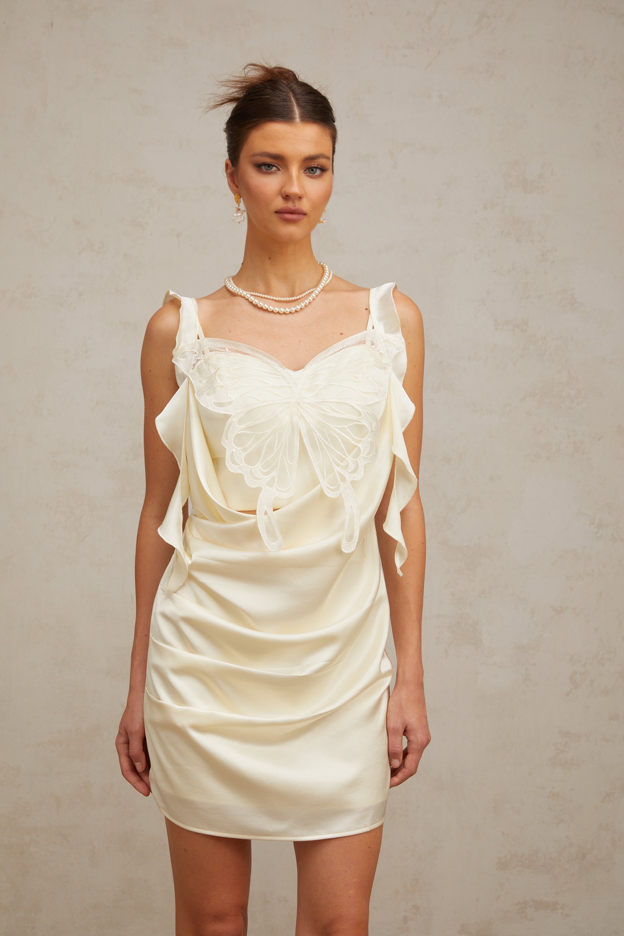 Sylvia neutrals butterfly draped mini dress