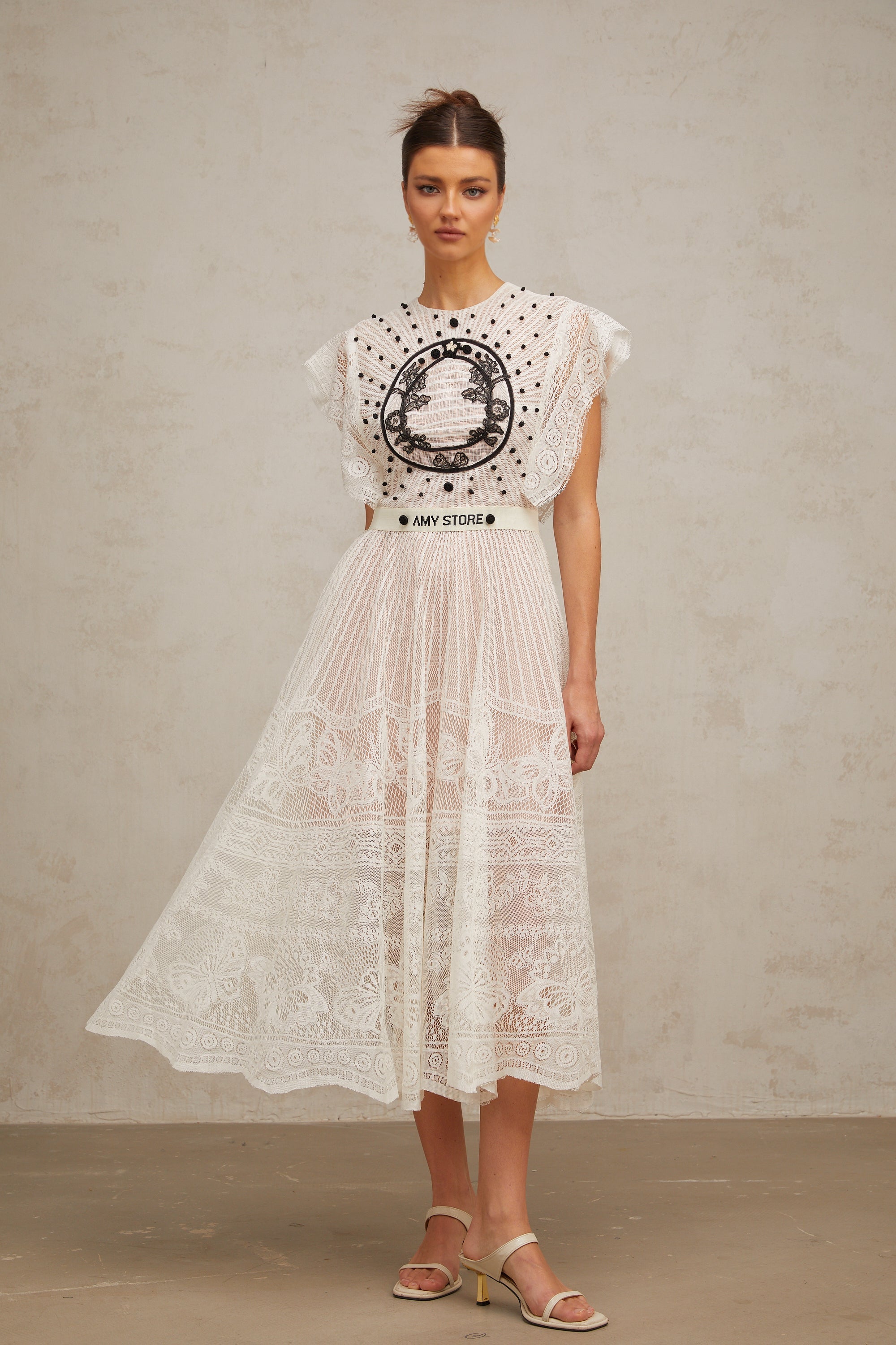Phoebe white jacquard floral-lace pleated midi dress