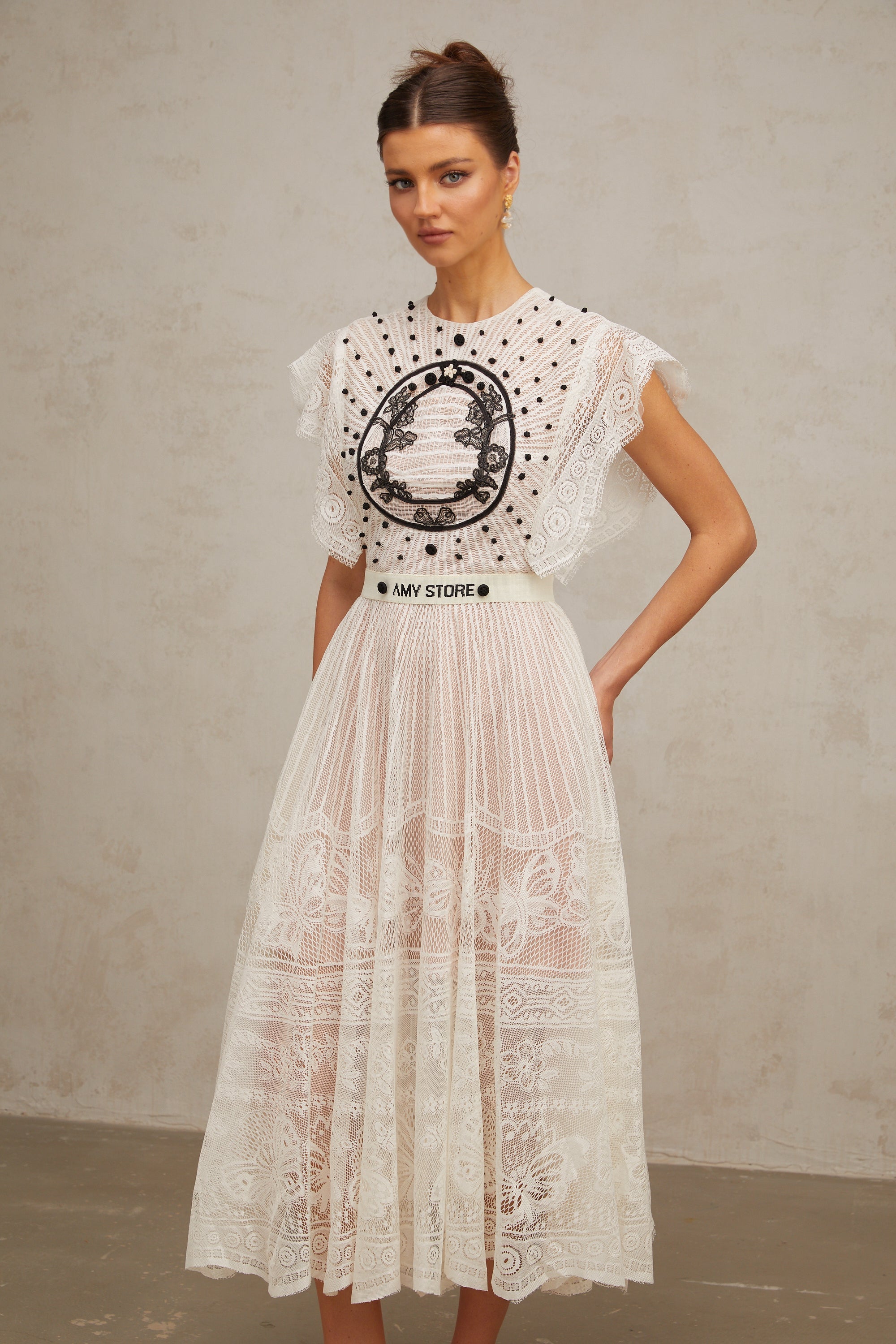 Phoebe white jacquard floral-lace pleated midi dress