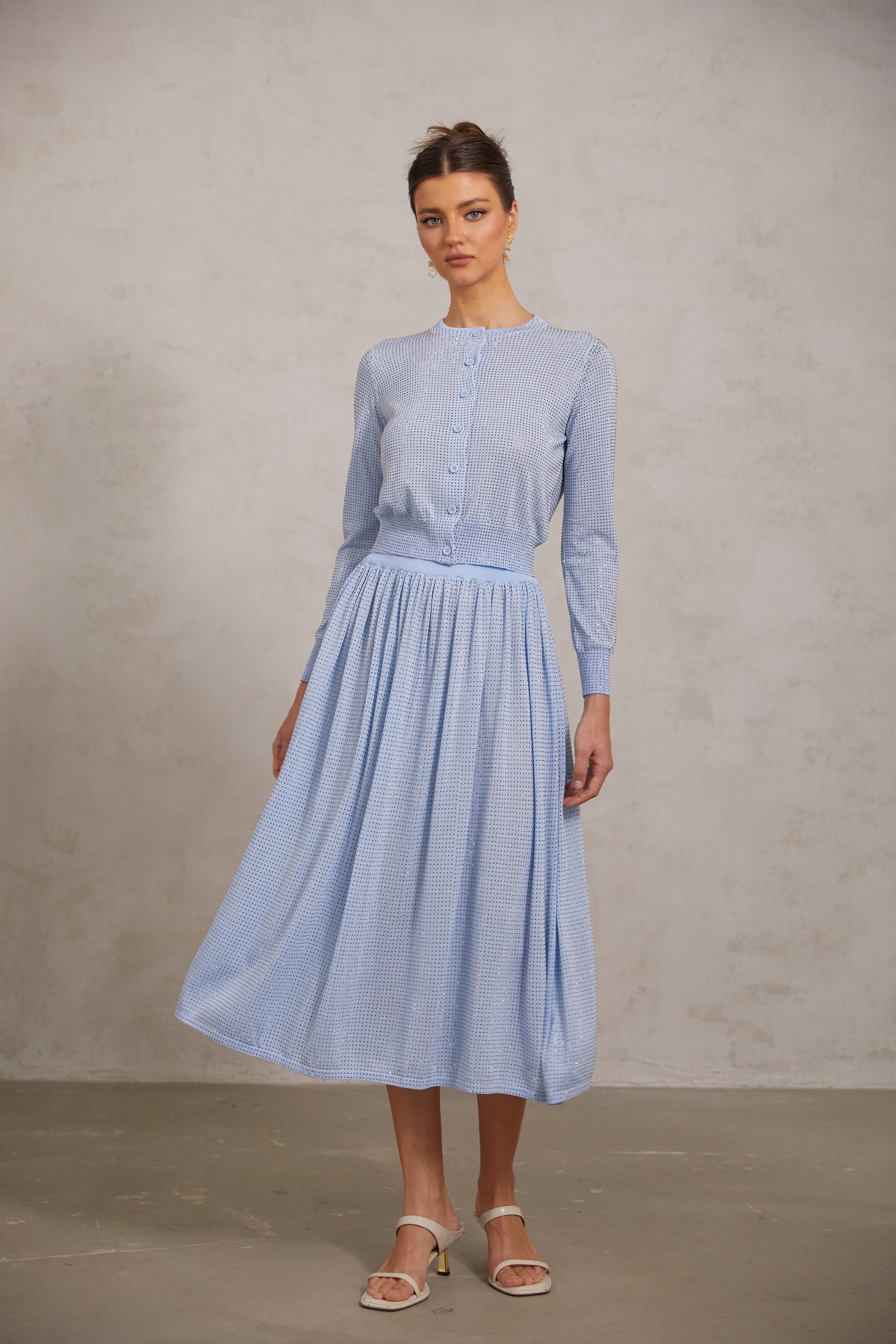 Tiphaine blue rhinestone knitted top & skirt matching set