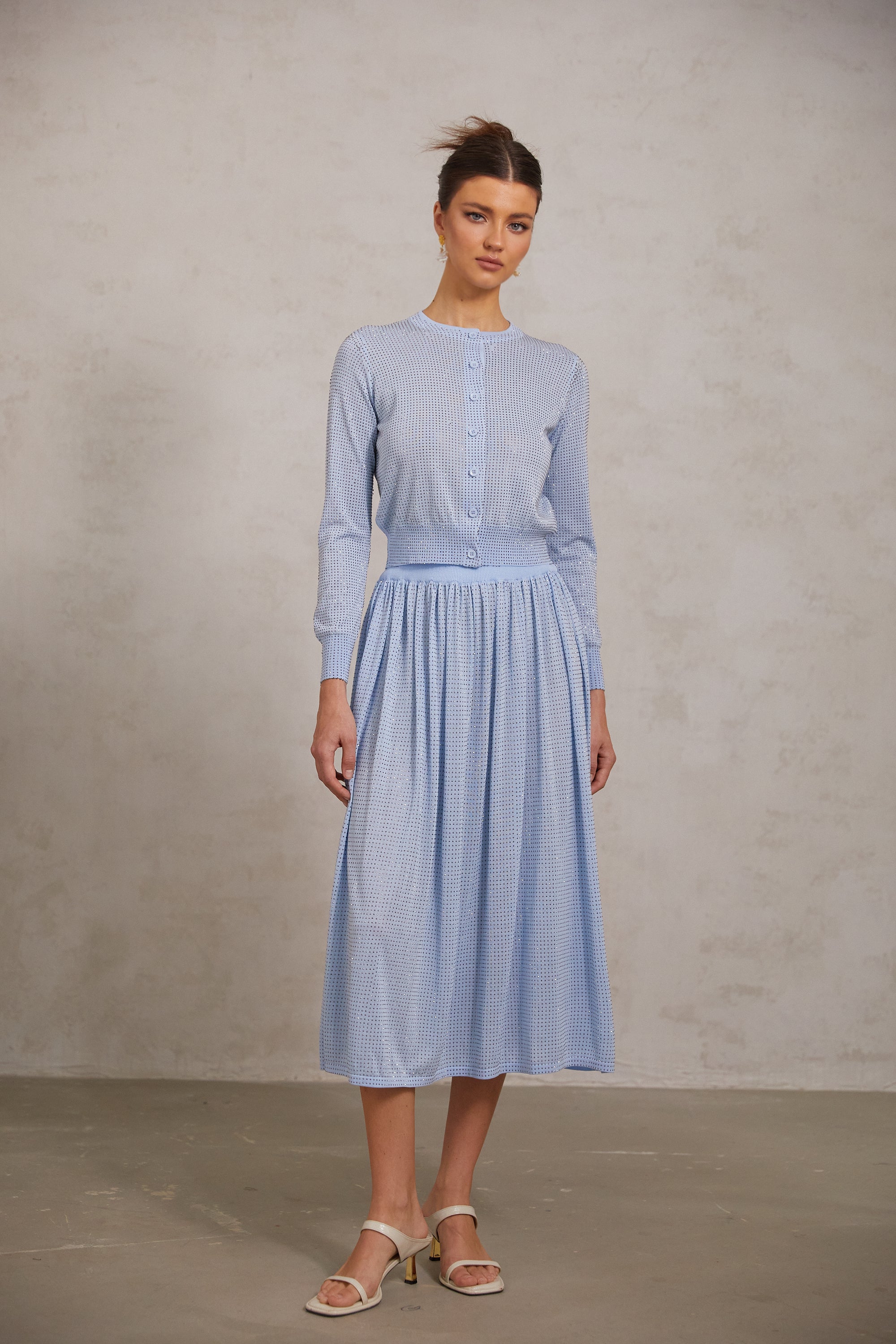 Tiphaine blue rhinestone knitted top & skirt matching set
