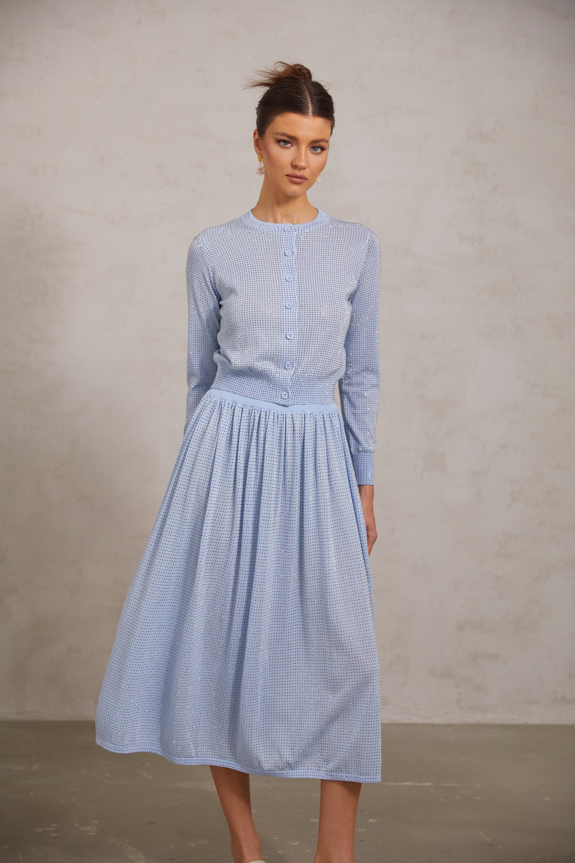 Tiphaine blue rhinestone knitted top & skirt matching set
