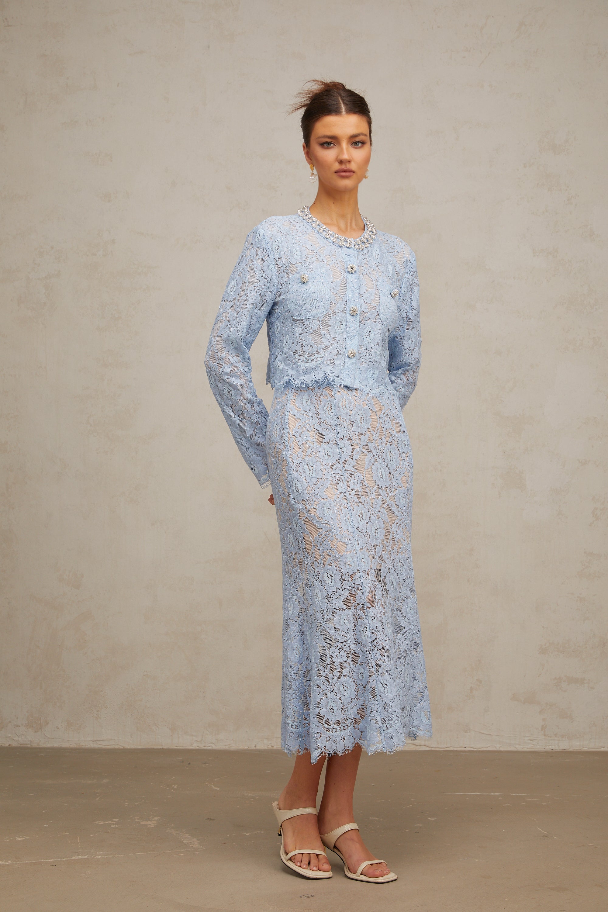 Ariane blue floral-lace top & skirt matching set (US Only)