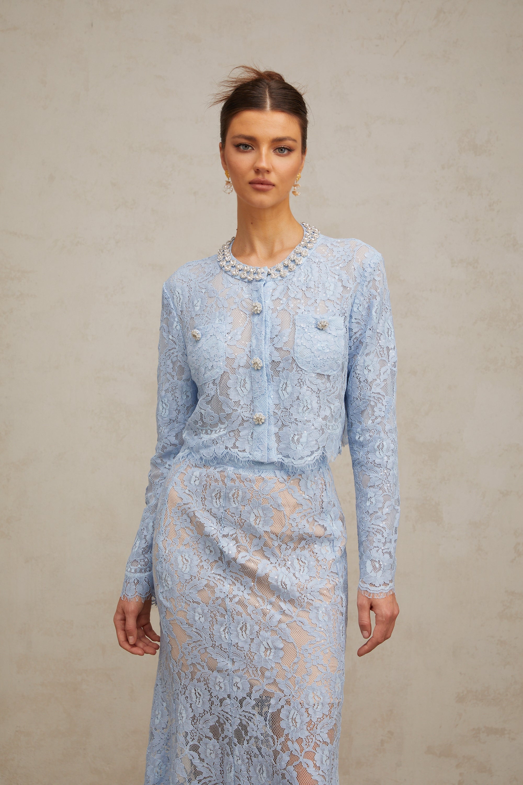 Ariane blue floral-lace top & skirt matching set (US Only)